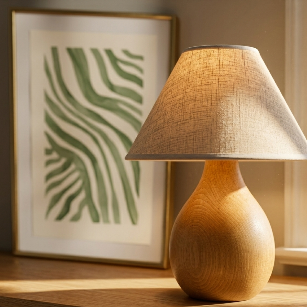 Lampe à Poser Bois Tunisie | Pied Galbé Abat-Jour Lin | Fiolla Home