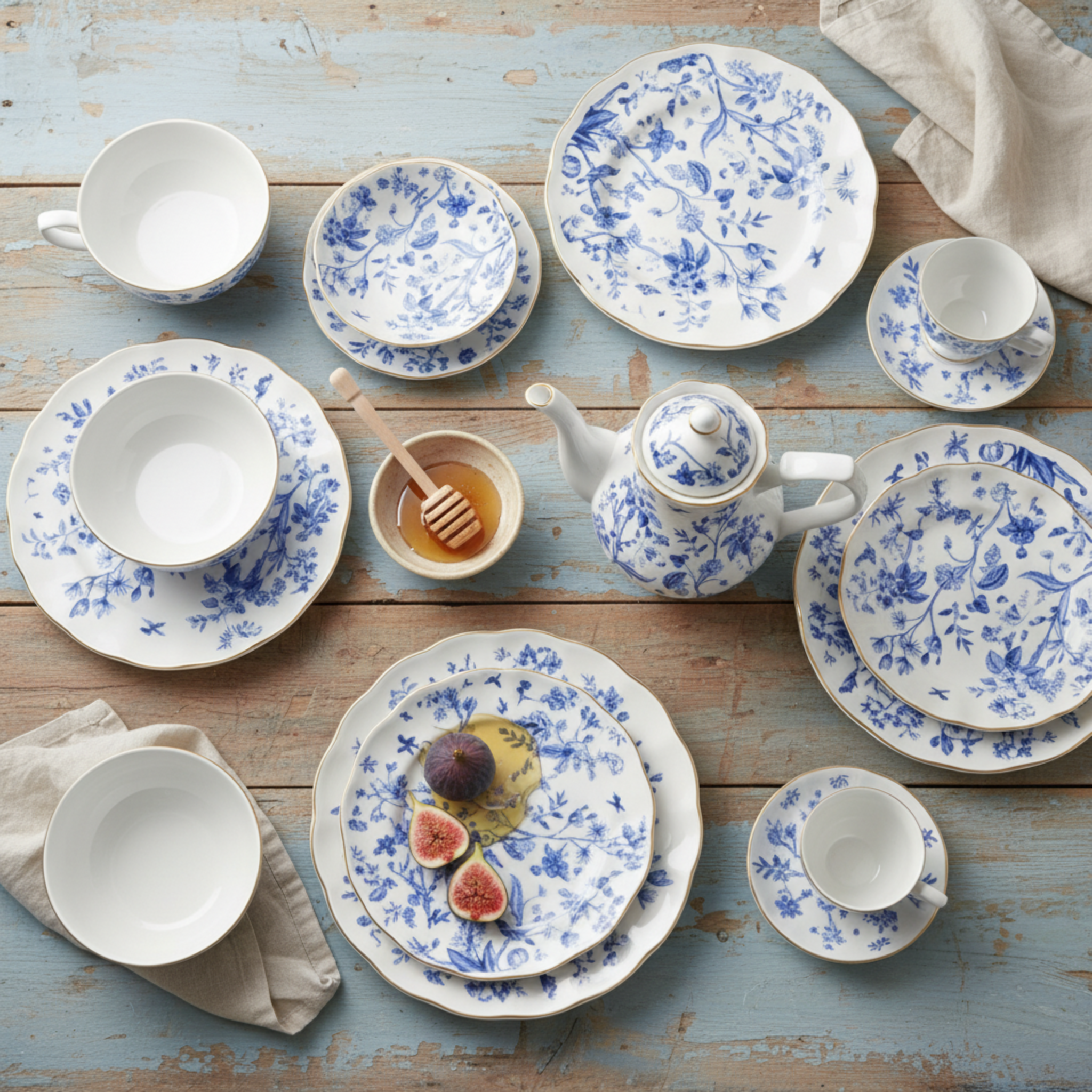 Service Petit Déjeuner 29 Pièces – Porcelaine Bleue & Dorure