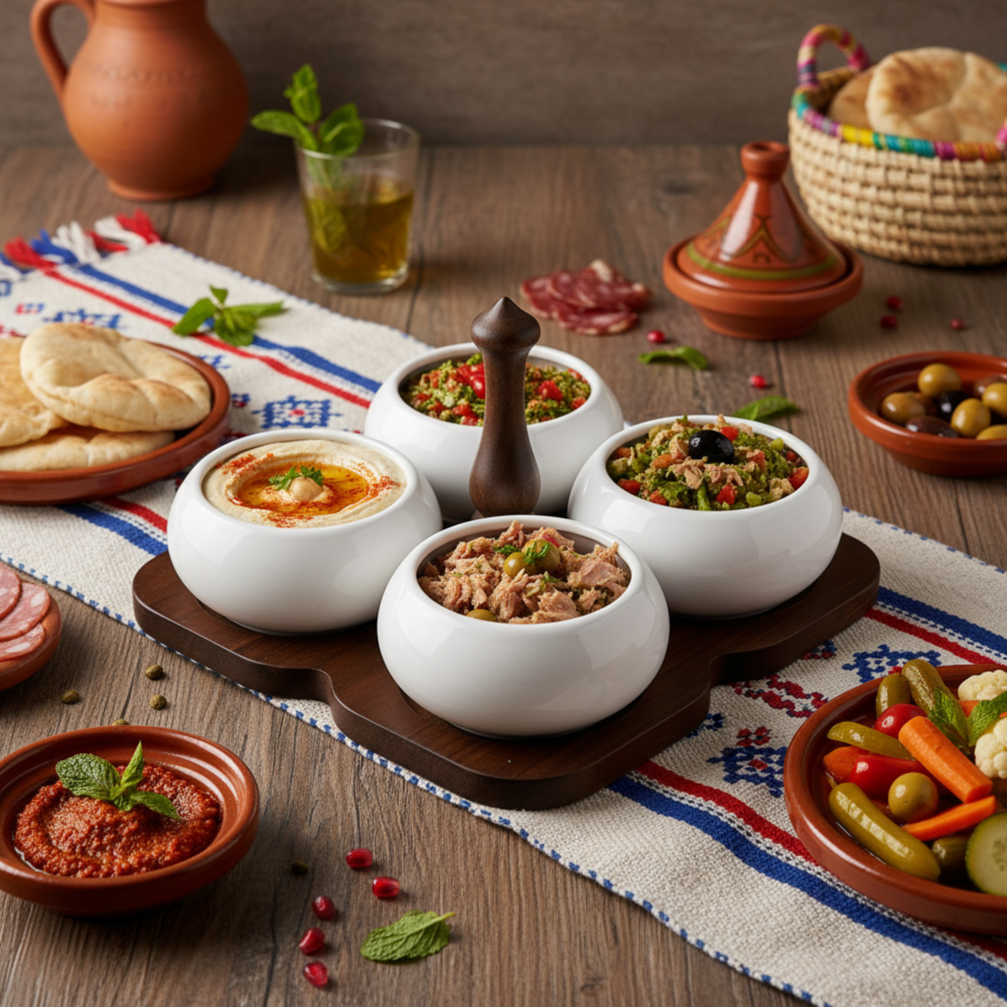 Service Apéritif 4 Bols Céramique & Plateau Bois – Design Élégant