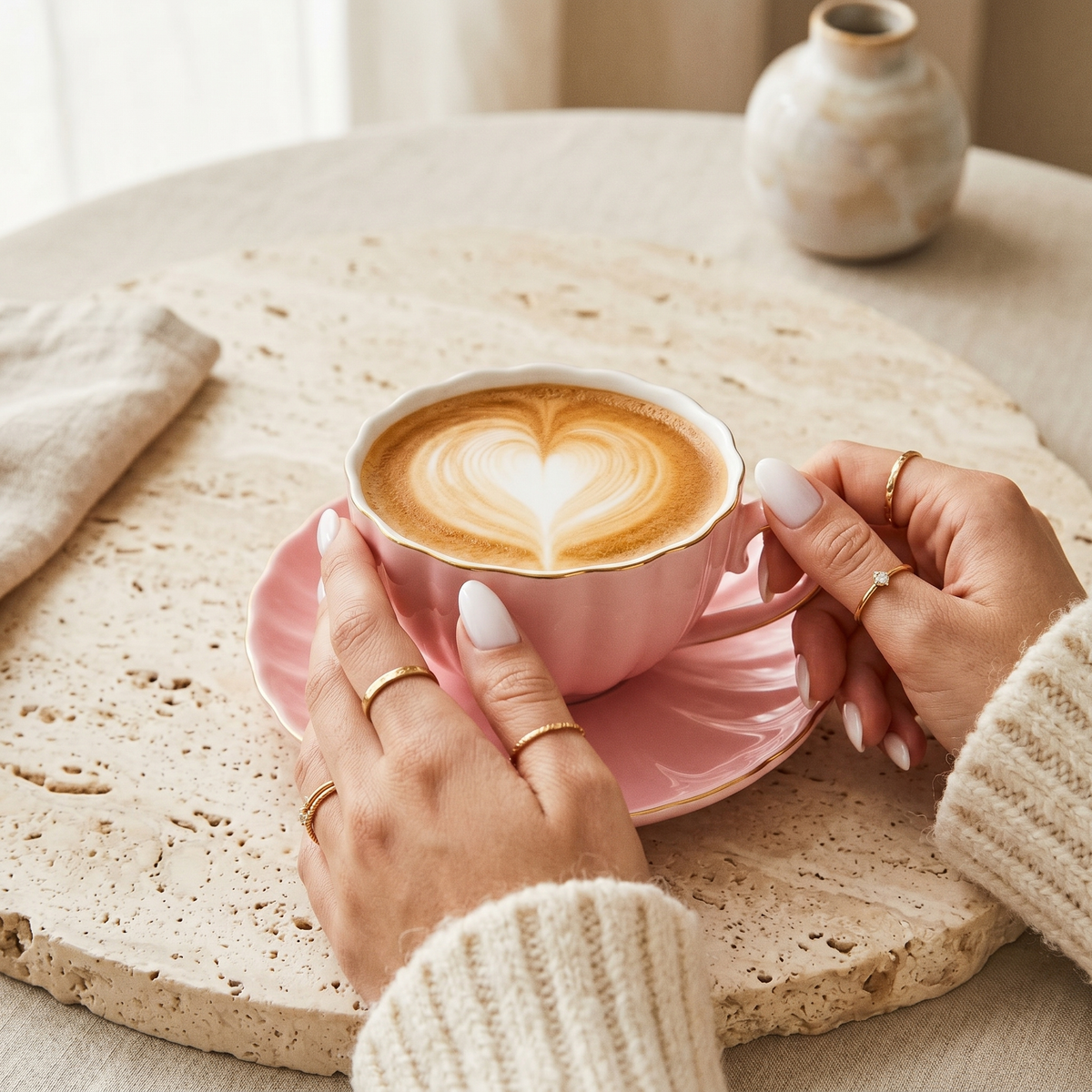 Tasse à Café Rose & Soucoupe Dorée | Porcelaine Premium | Fiolla Home