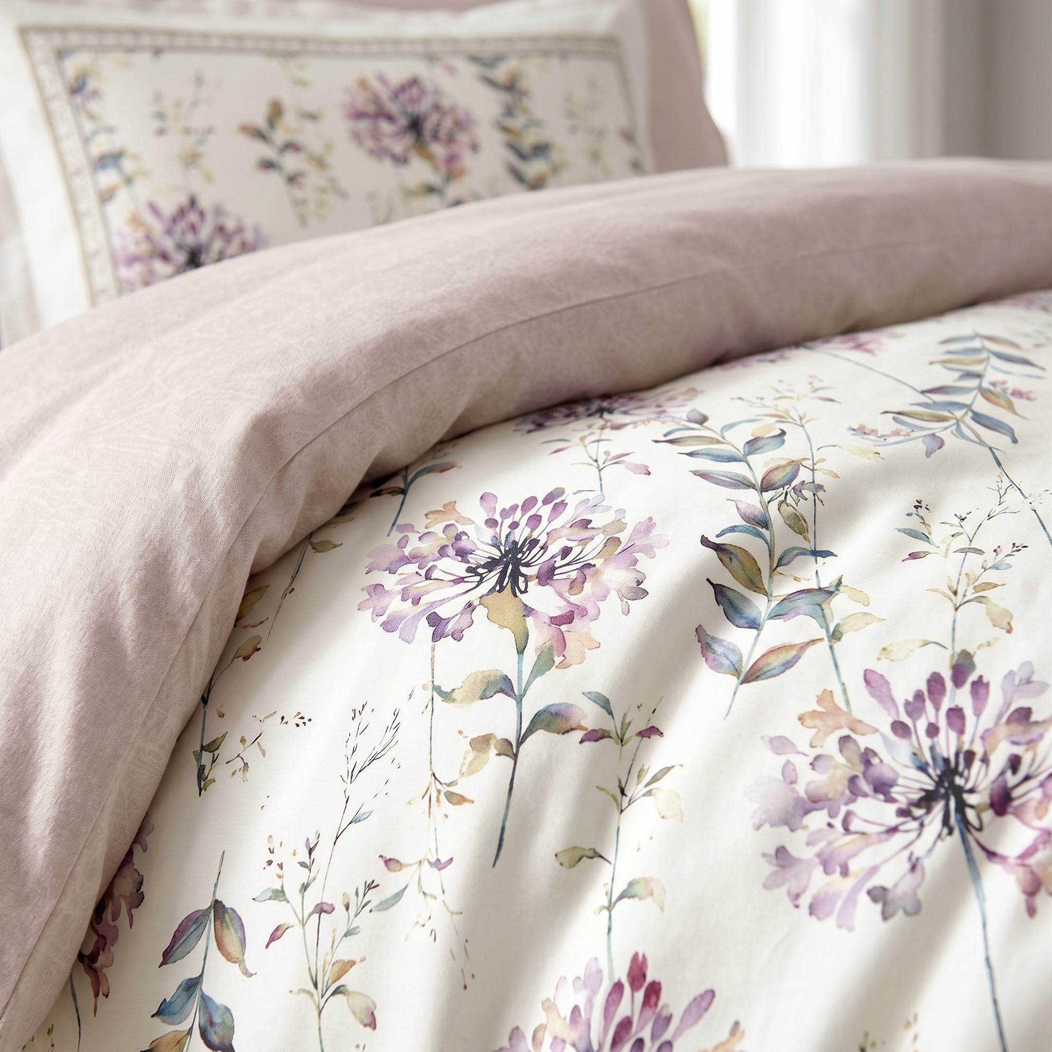 Ensemble Parure de Lit Satin Coton Floral Violet Aquarelle | Fiolla Home