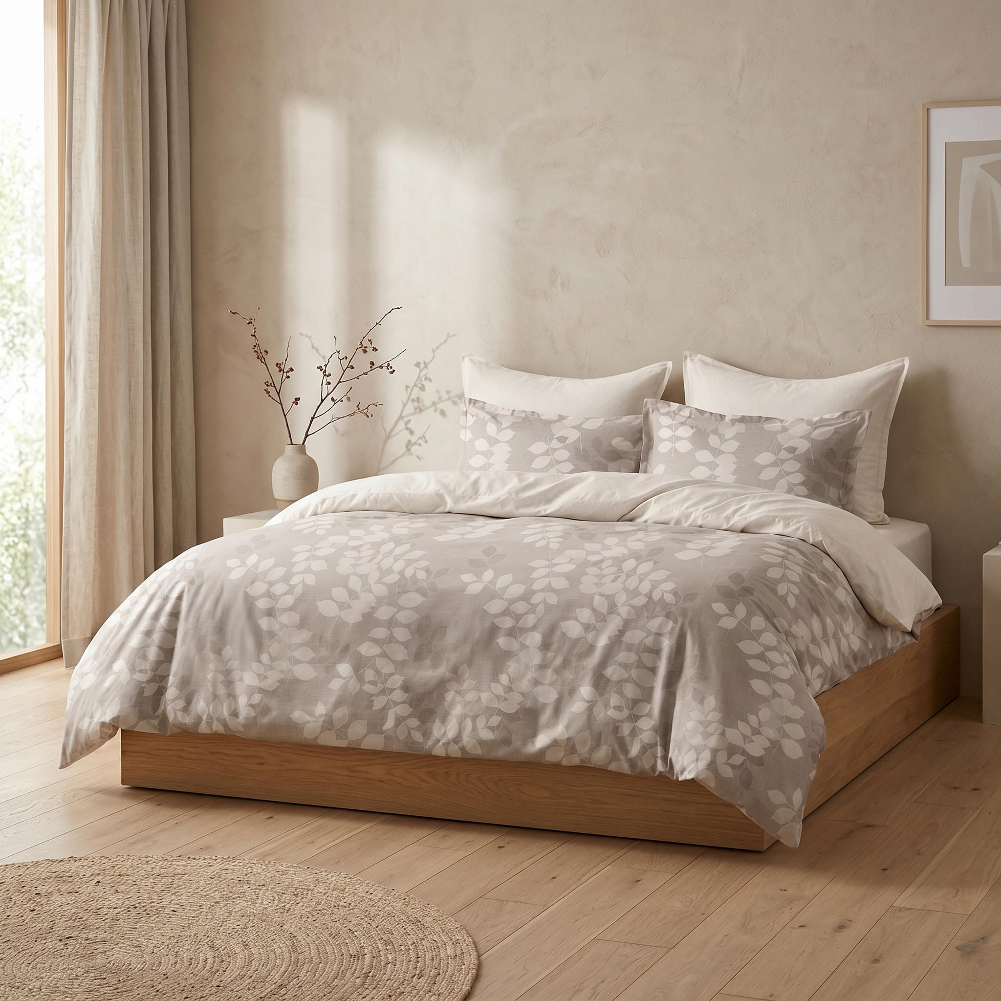 Ensemble Parure de Lit Satin Coton Motif Feuillage Beige | Fiolla Home