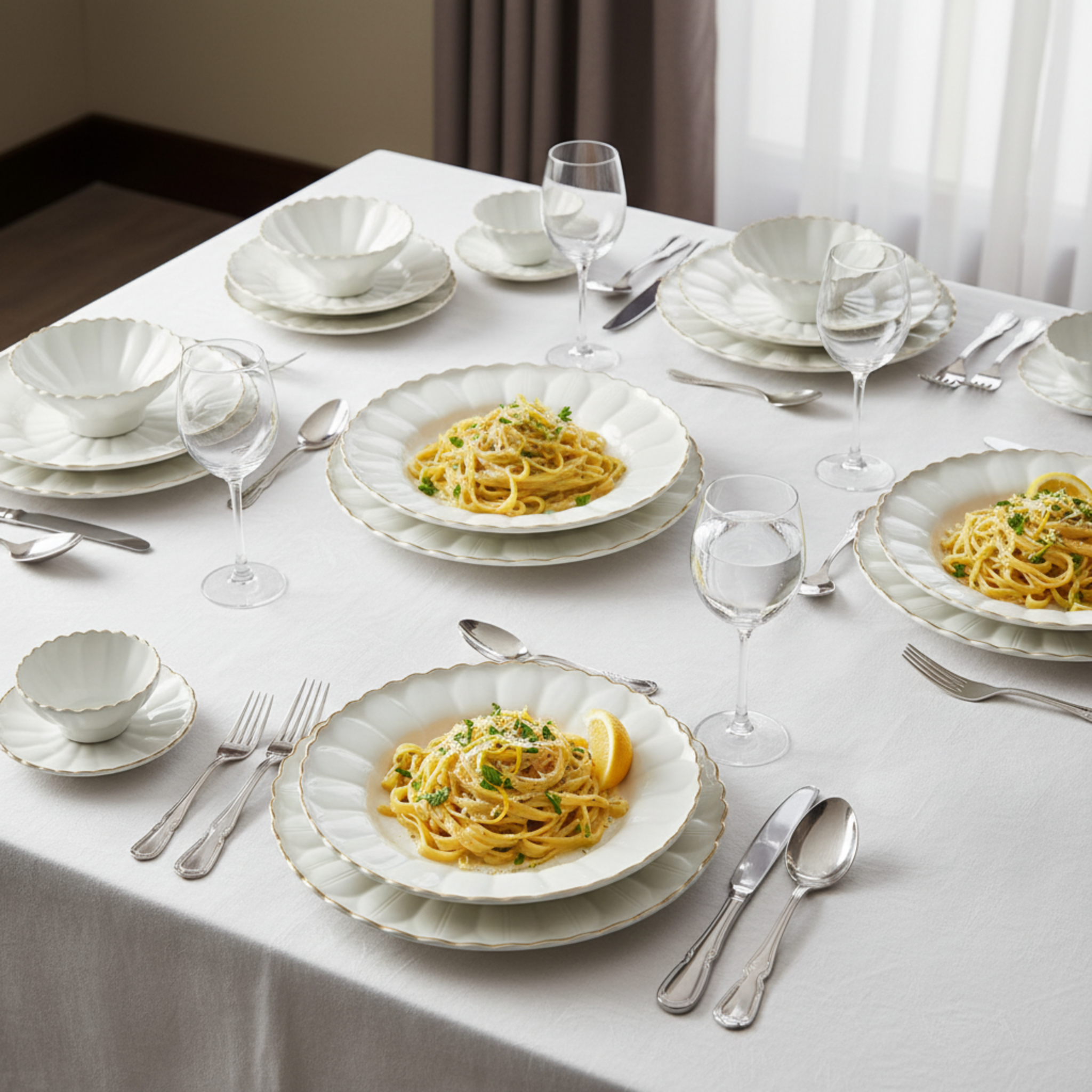 Service de Table 24 Pièces Blanc & Doré – Design Fleur & Liseré Or