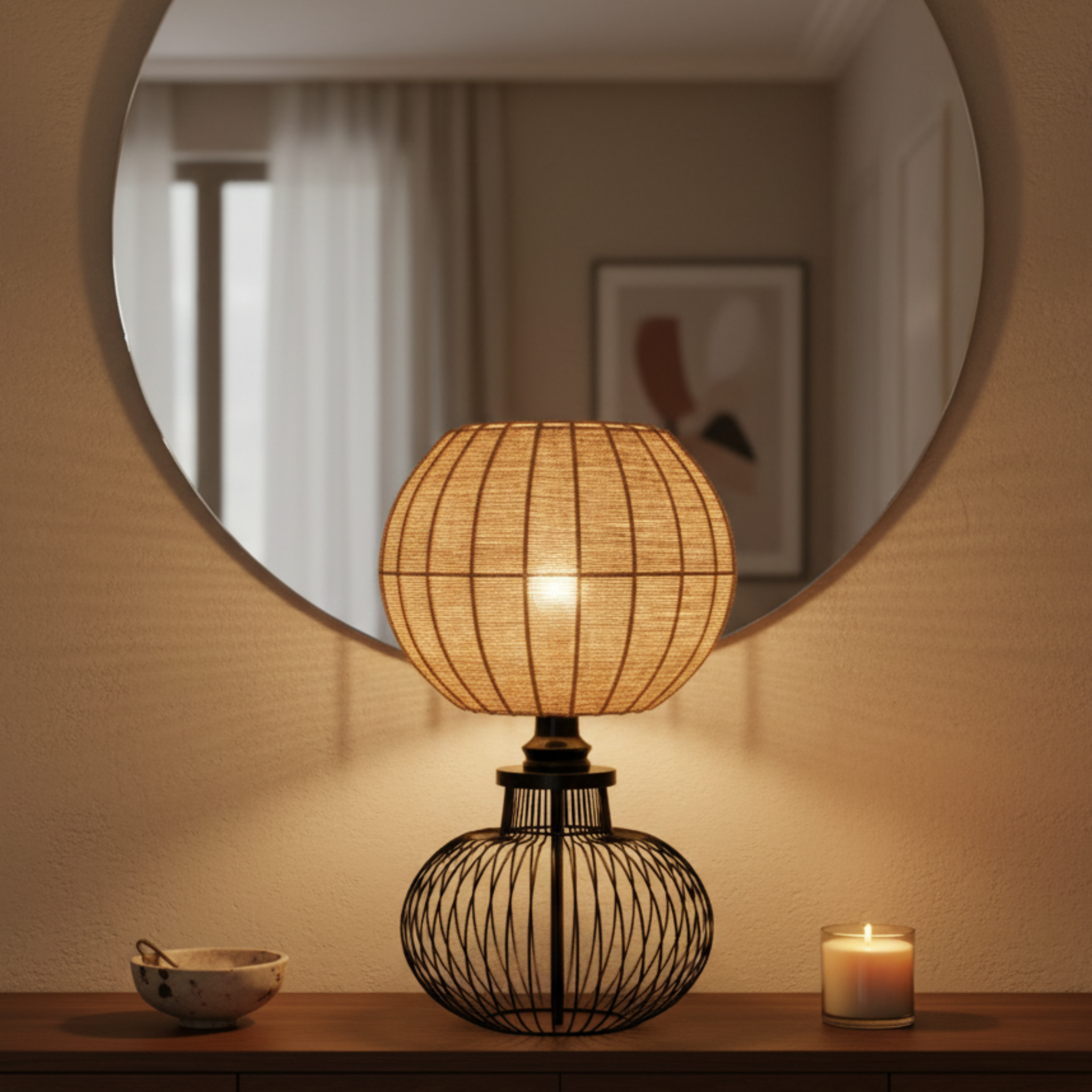 Lampe de Table Tête Jute Handmade | Base Métal Noir | Tunisie