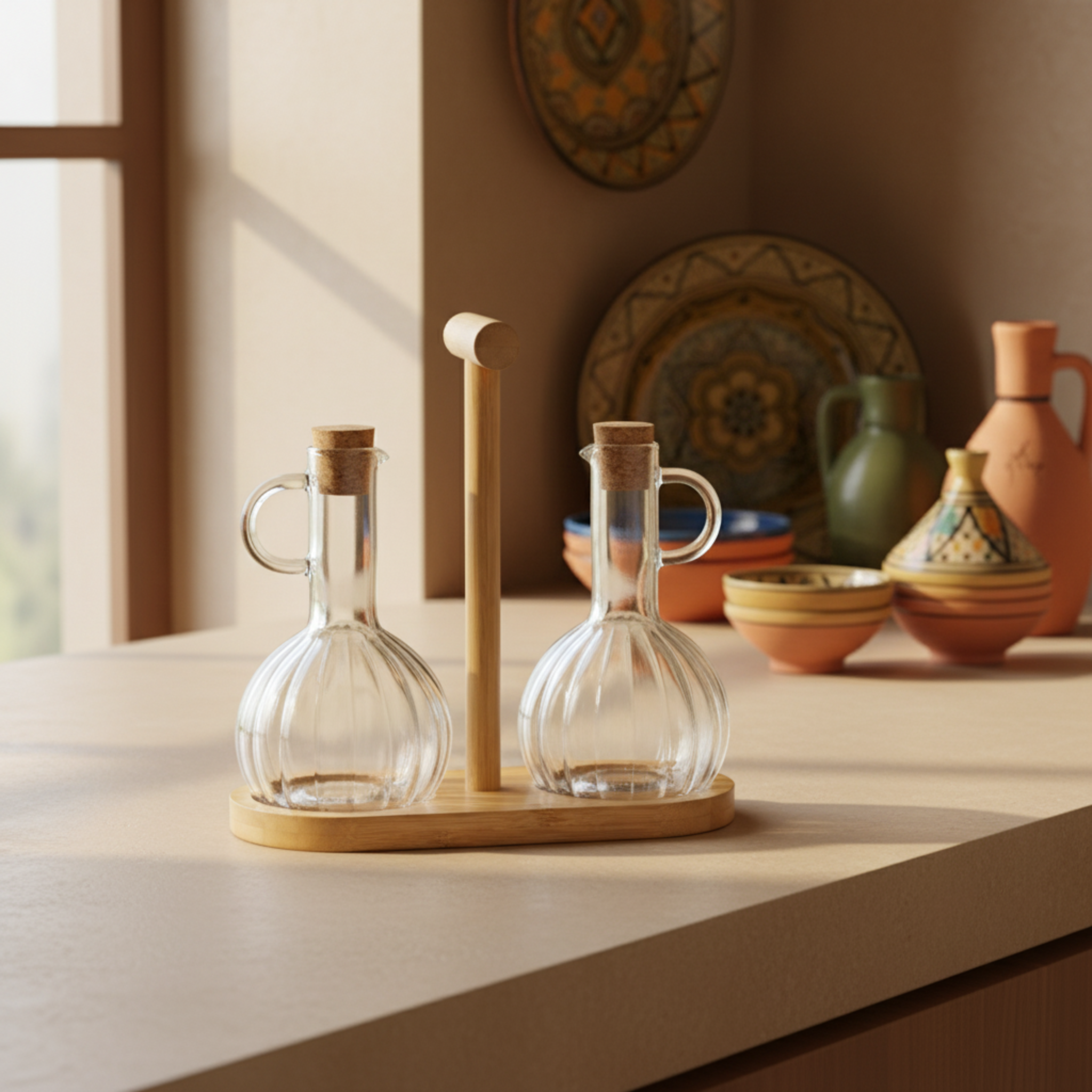 Duo Huilier & Vinaigrier en Verre avec Support Bois – Style Tunisien