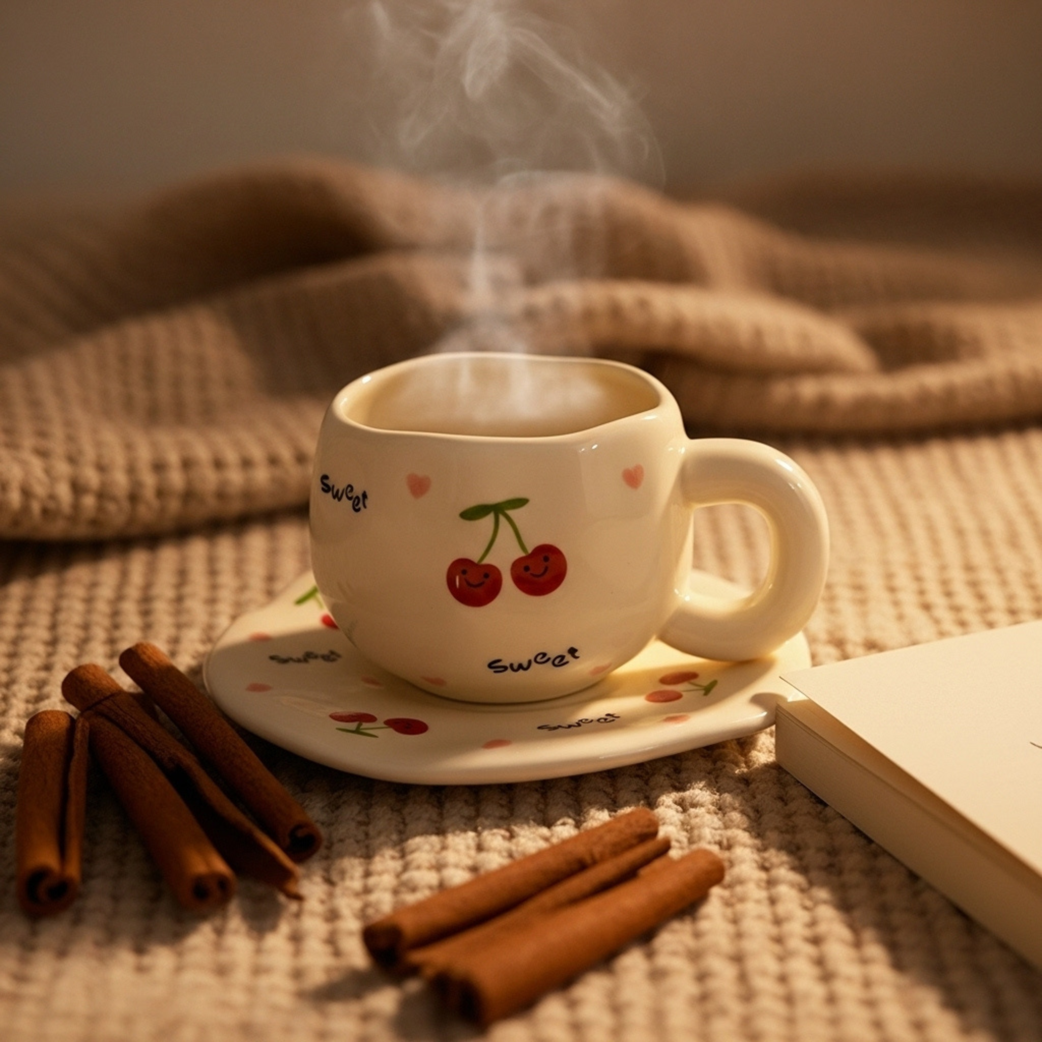 Mug Cerises Kawaii – Set Tasse & Sous-Tasse pour Café