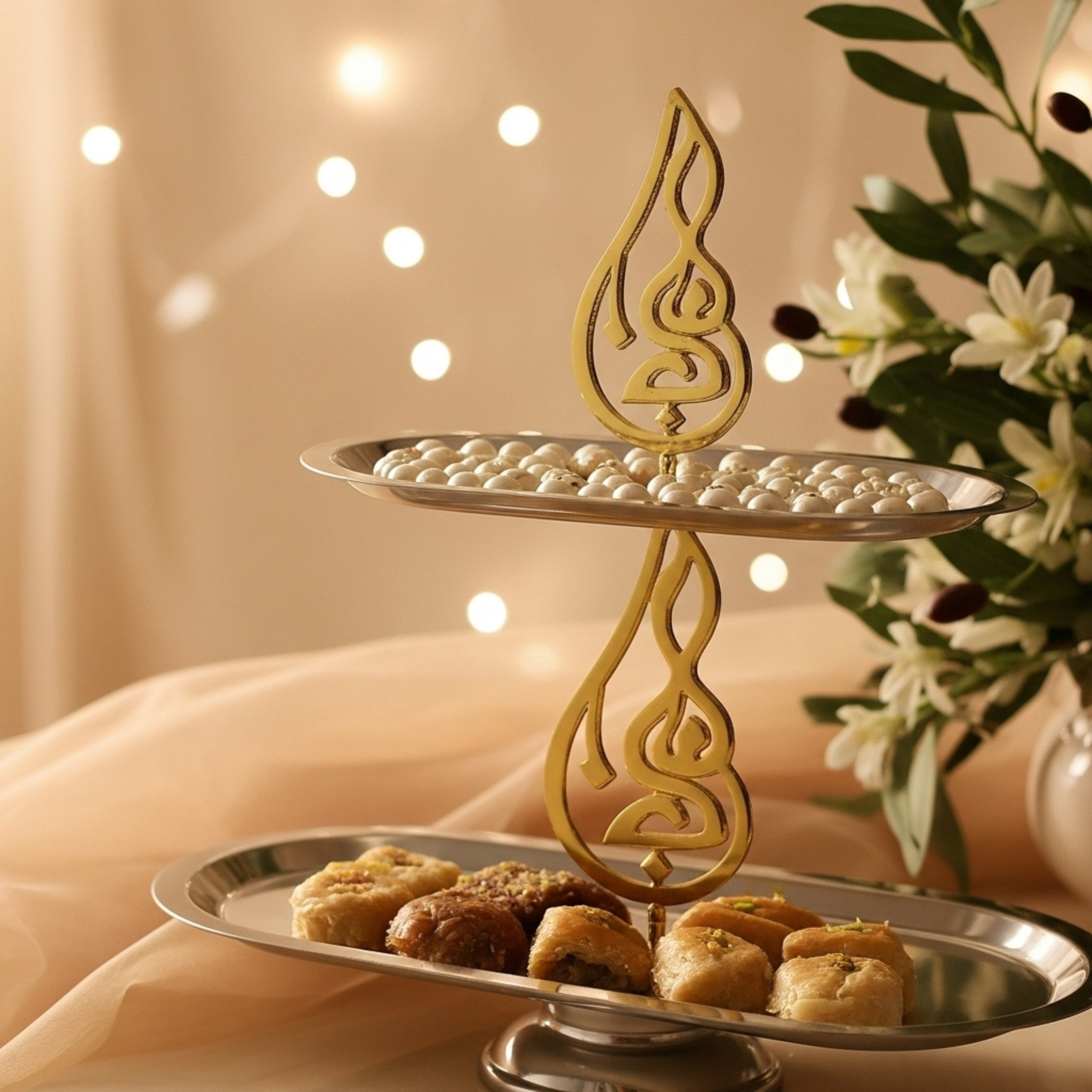 Présentoir Inox 2 Niveaux – Calligraphie Dorée | Fiolla Home Tunisie