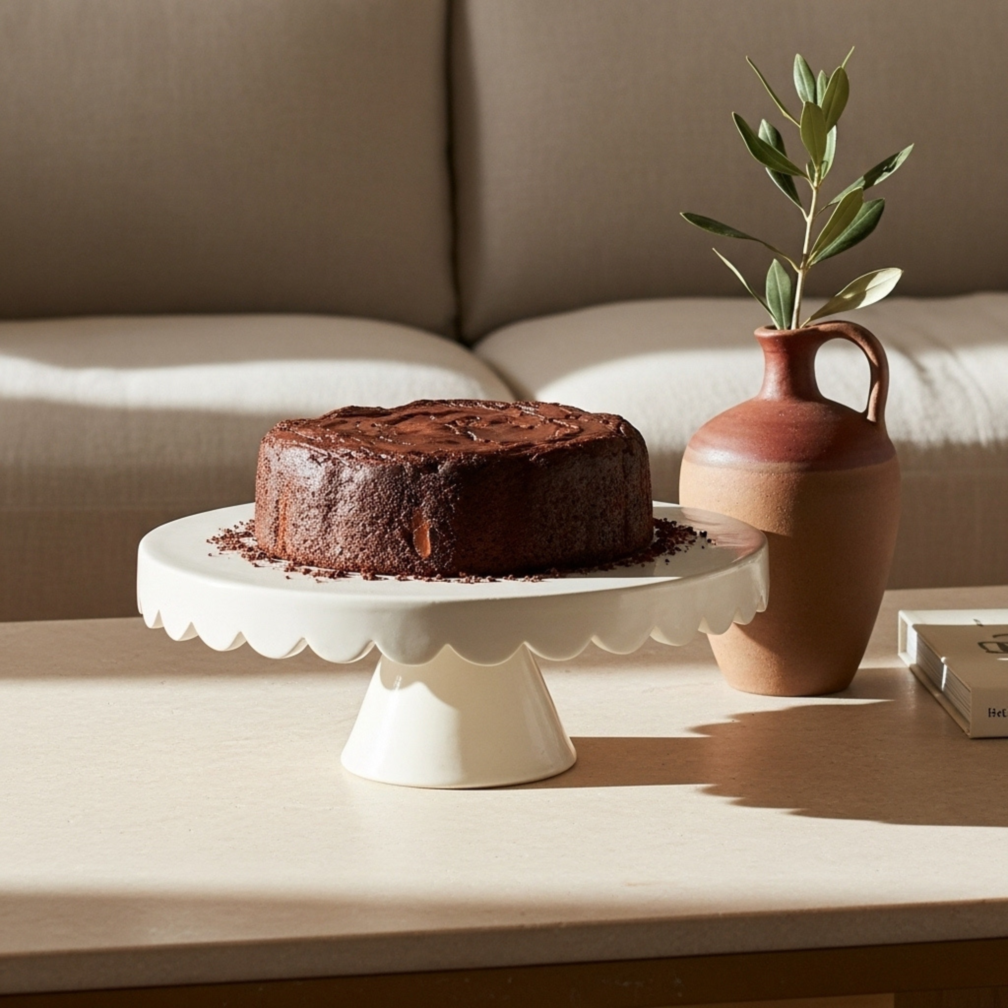 Présentoir à gâteau en céramique – Blanc ivoire, bord ondulé (100% fait main, Tunisie)