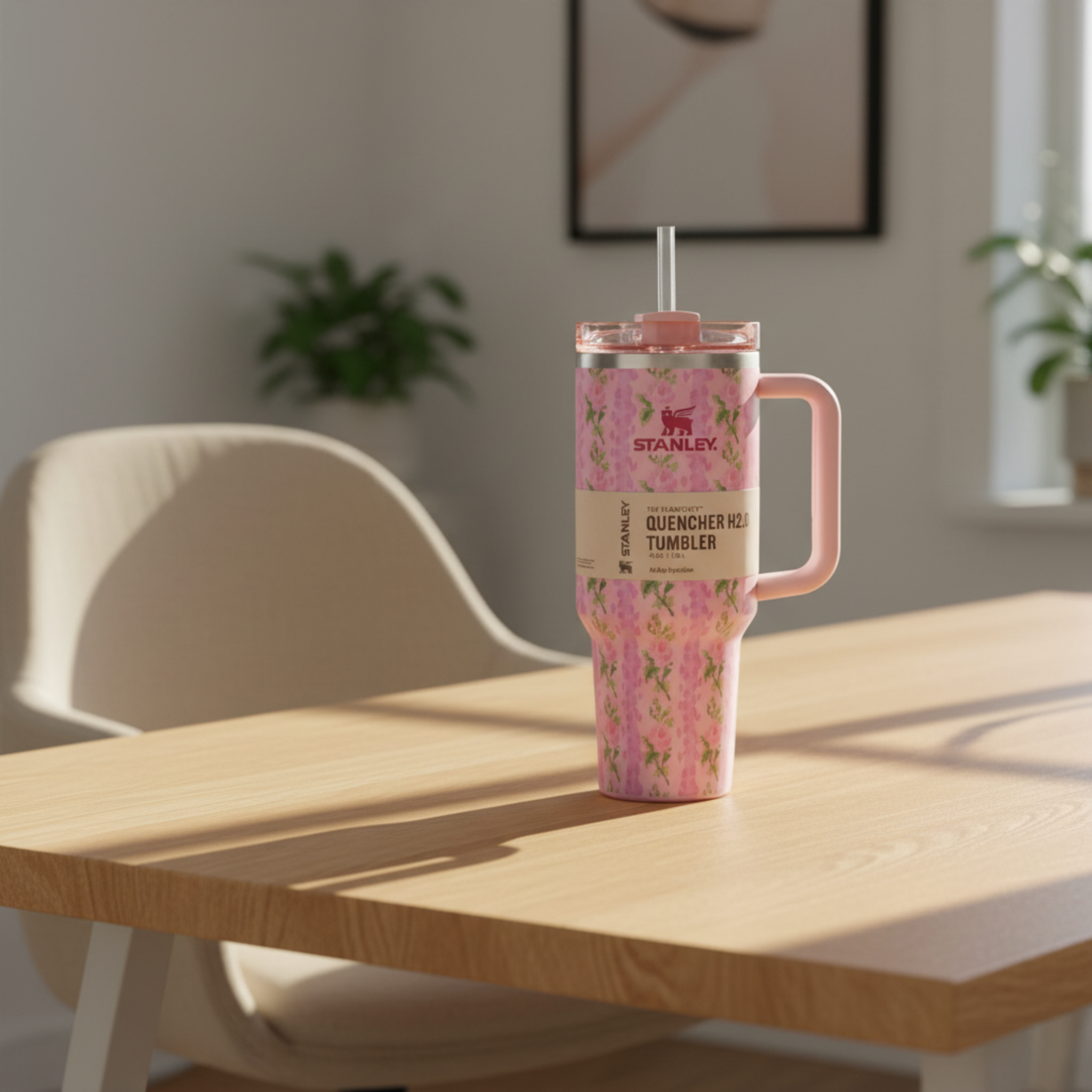 Gobelet Isotherme XXL avec Paille & Poignée - Motif Floral Rose