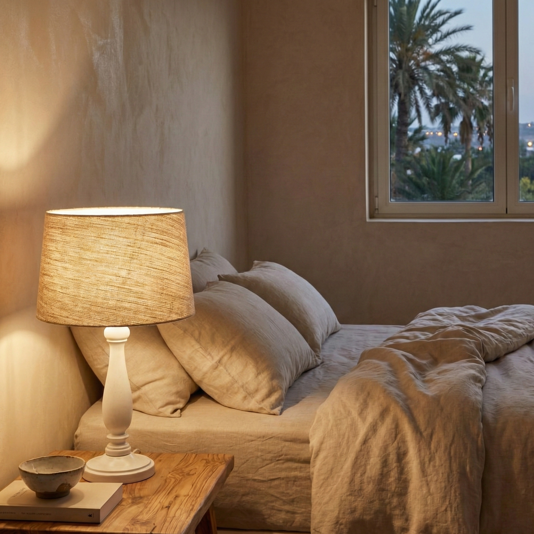 Lampe de Table Artisanale en Bois Tourné & Lin – Design Chic Tunisie