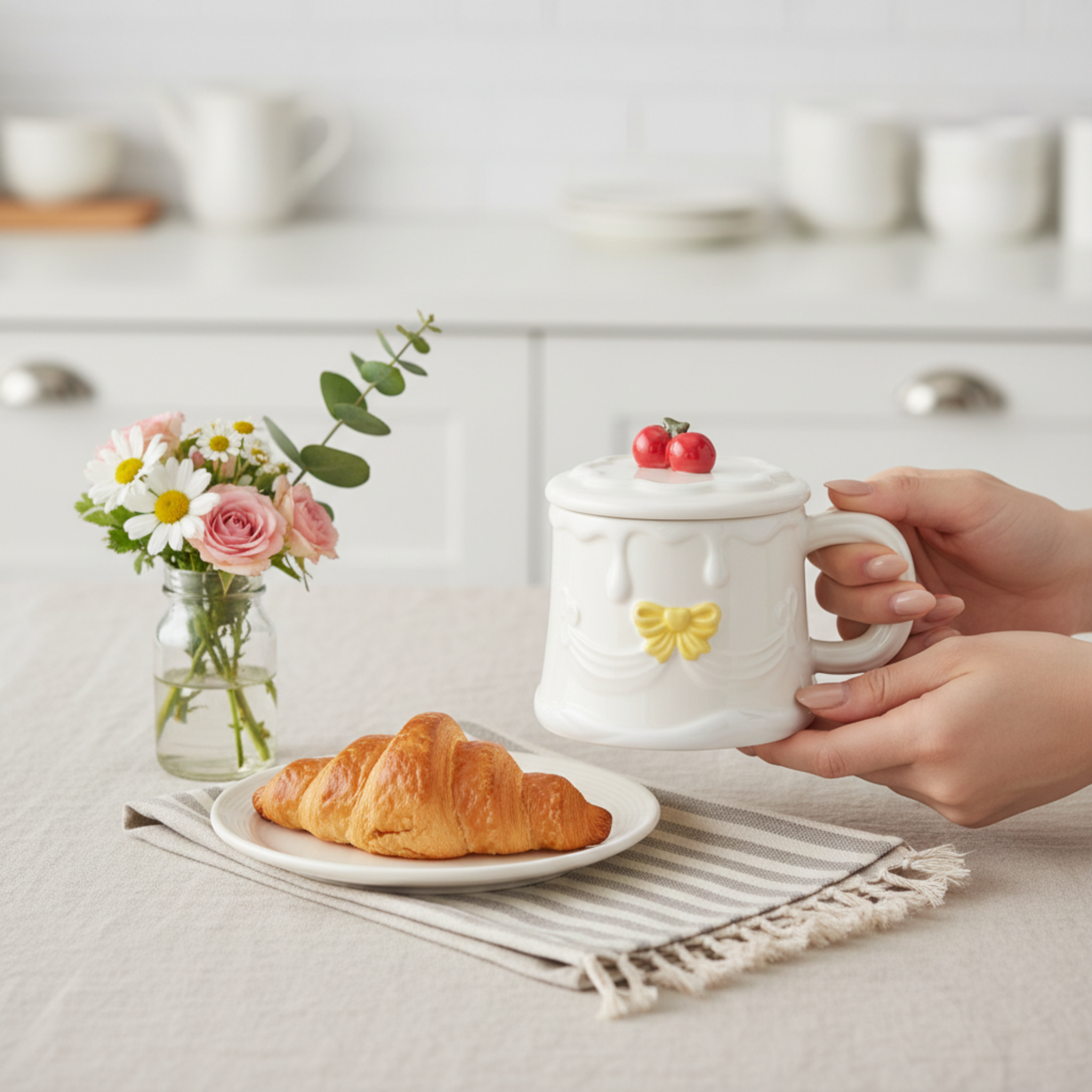 Mug Gâteau Blanc & Nœud Jaune avec Couvercle Cerise – Déco & Cadeau