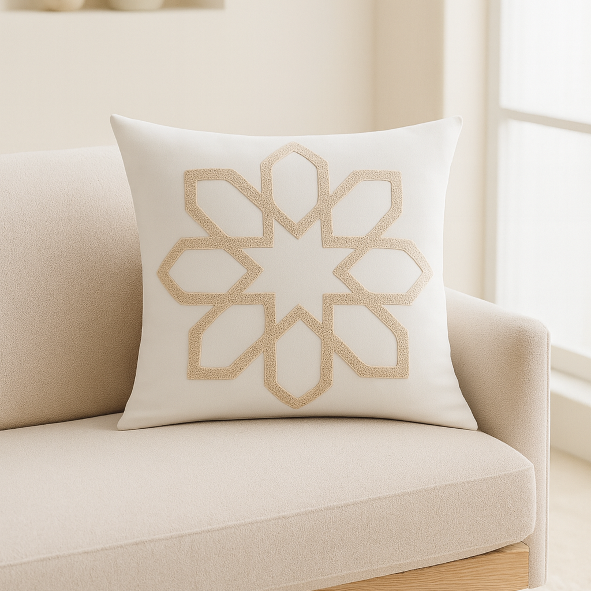 Coussin Étoile Zellige Beige – Géométrie Premium | Fiolla Home Tunisie