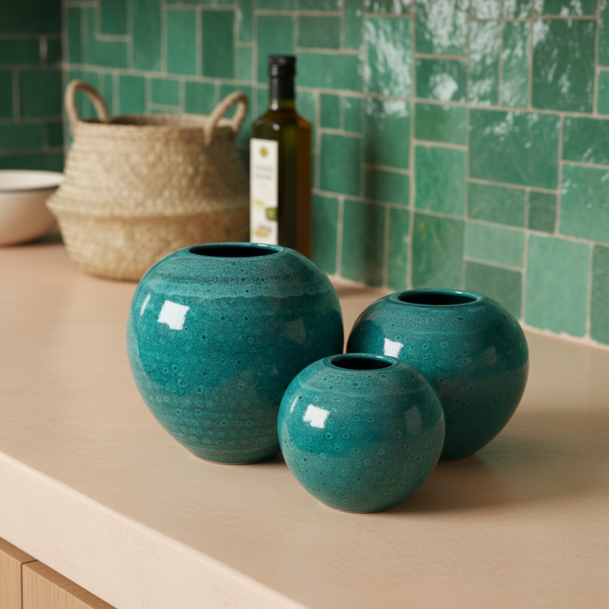 Vases en céramique émaillée – Vert méditerranéen (lot de 3)