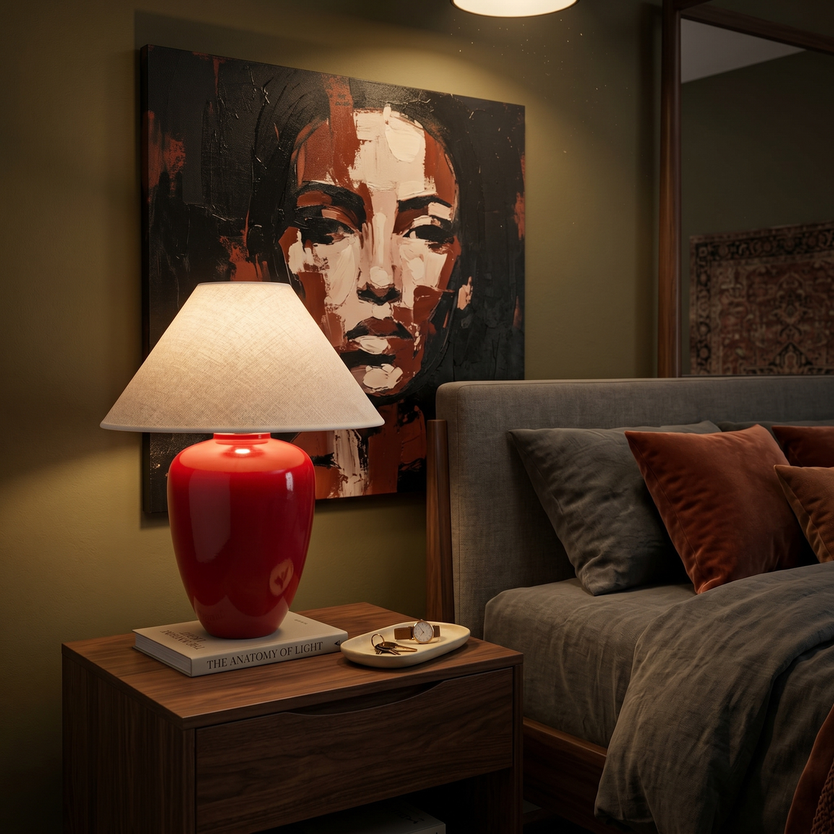 Lampe à Poser Rouge Tunisie | Pied Bois Satiné Élégant | Fiolla Home