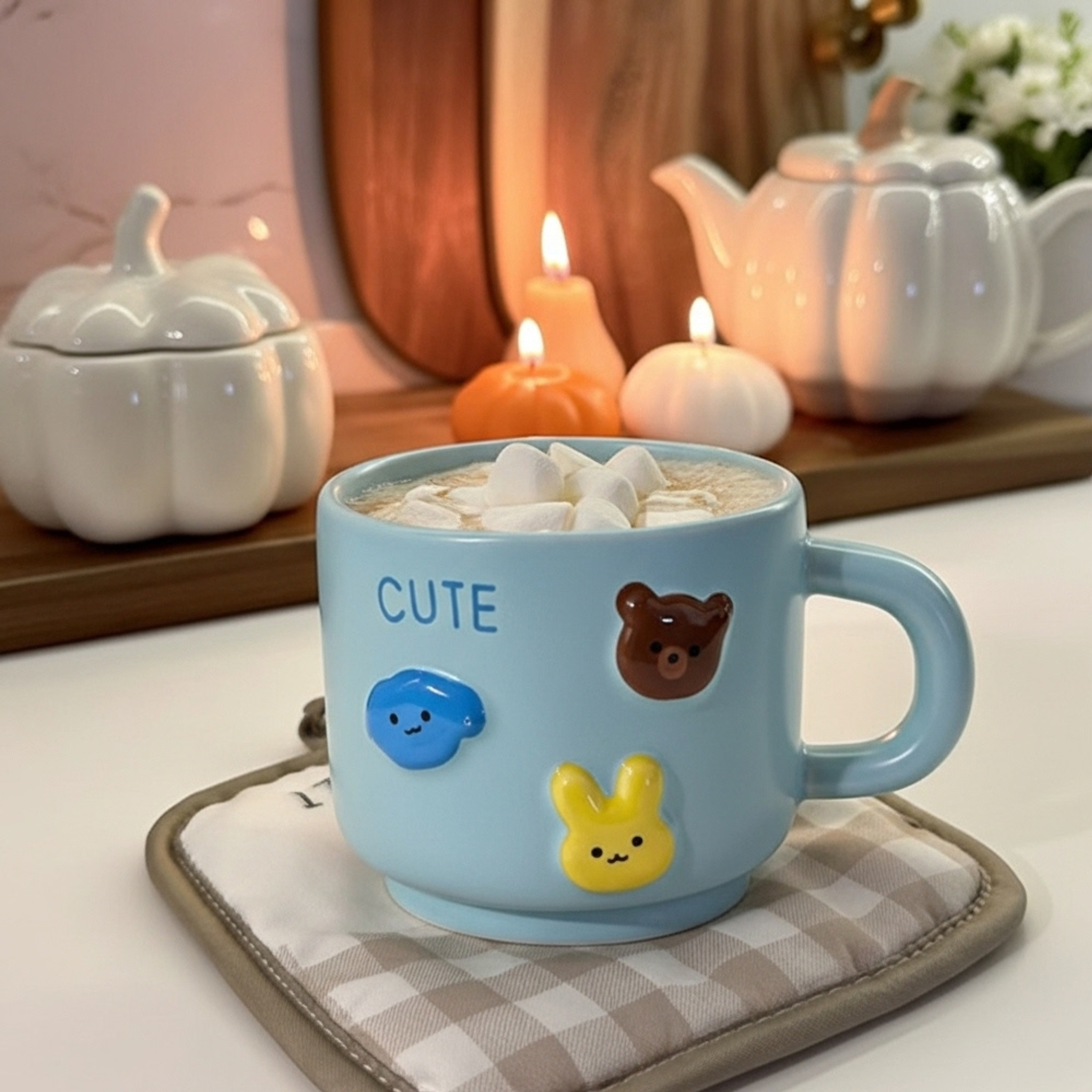 Mug kawaii bleu en céramique 3D – Animaux mignons | Fiolla Home