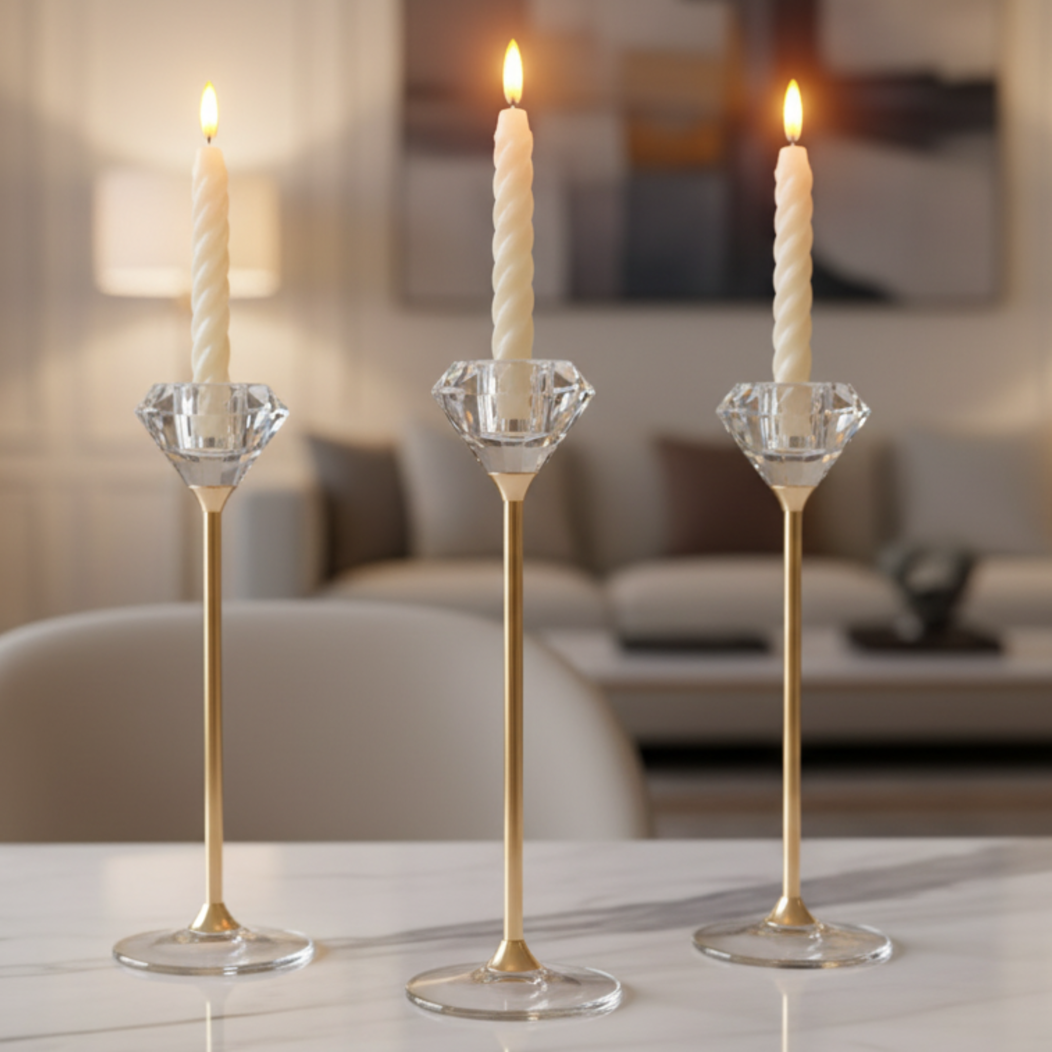 Bougeoirs Cristal Premium | Lot de 3, Tiges Dorées | Fiolla Home