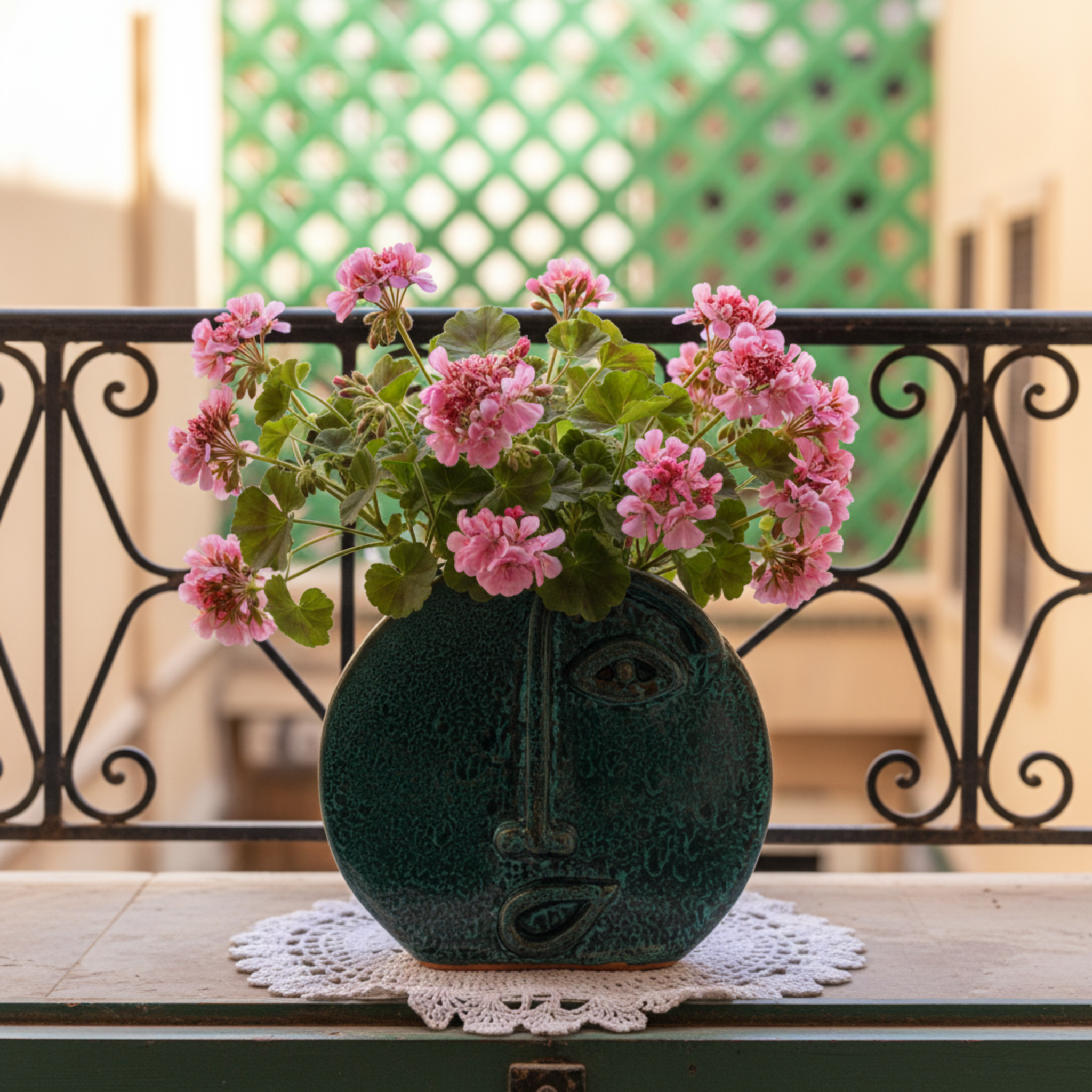 Vase Visage en Céramique Émeraude – Style Tunisien