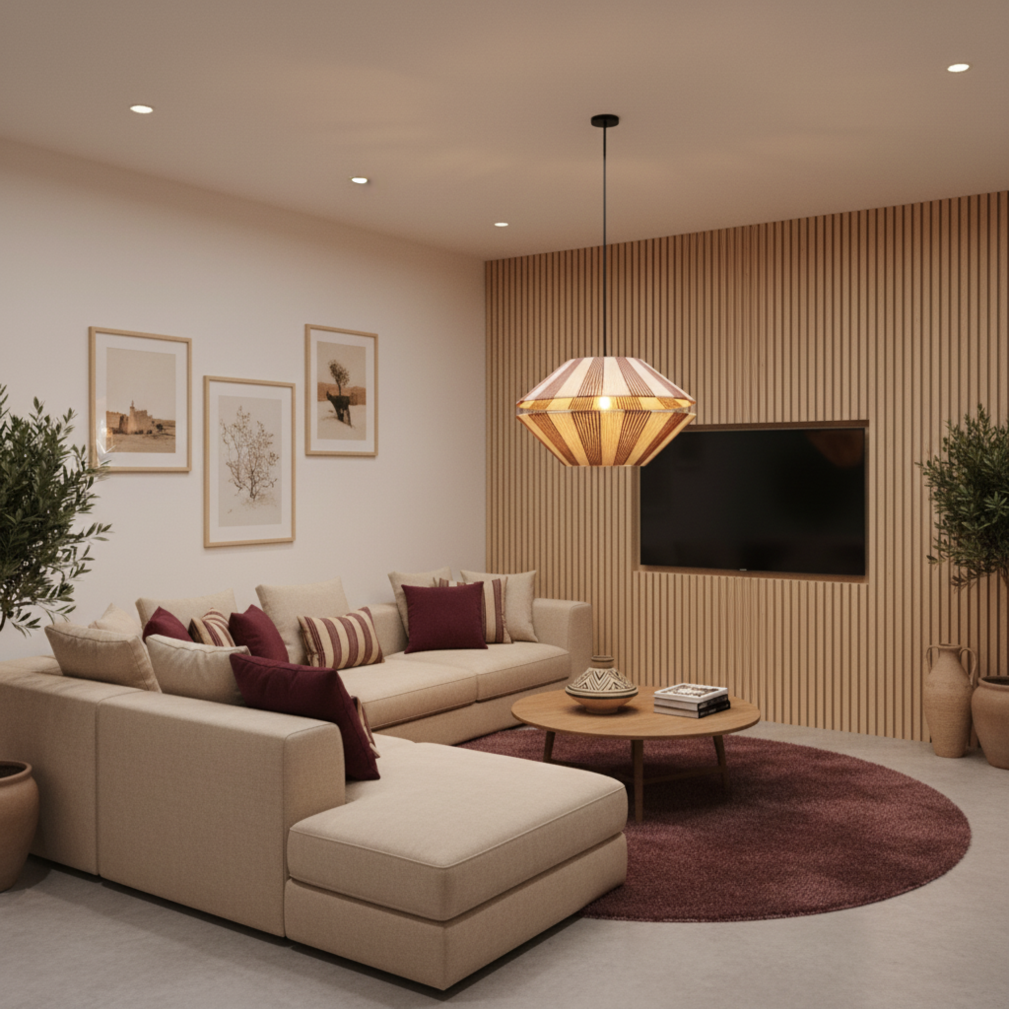 Suspension Jute Plissée Géométrique Fait Main | Design Tunisien Élégant