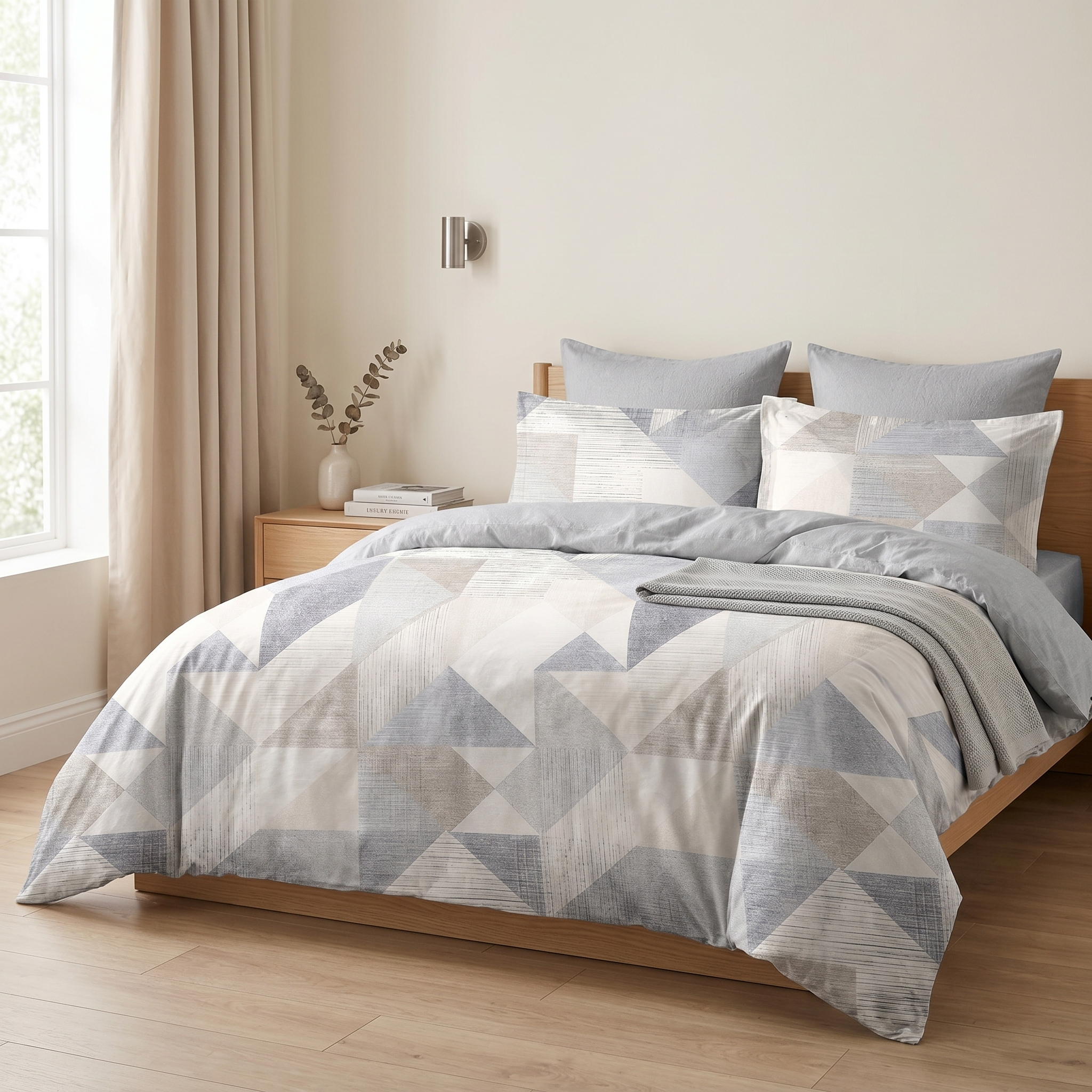 Ensemble Parure de Lit Satin Coton Motif Triangles Bleu Gris | Fiolla Home