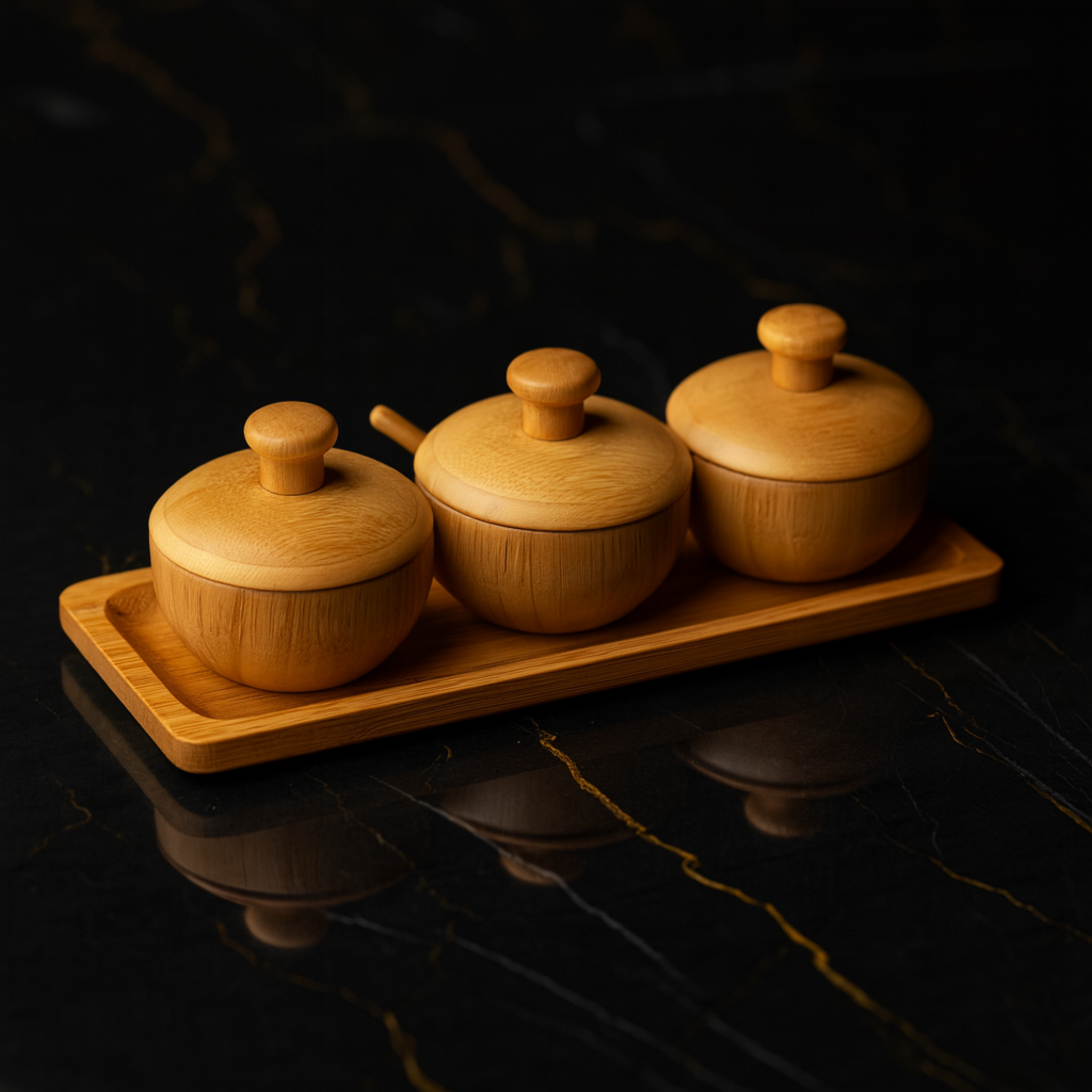 Trio de pots à épices en bambou | Cuillères et plateau | Fiolla Home