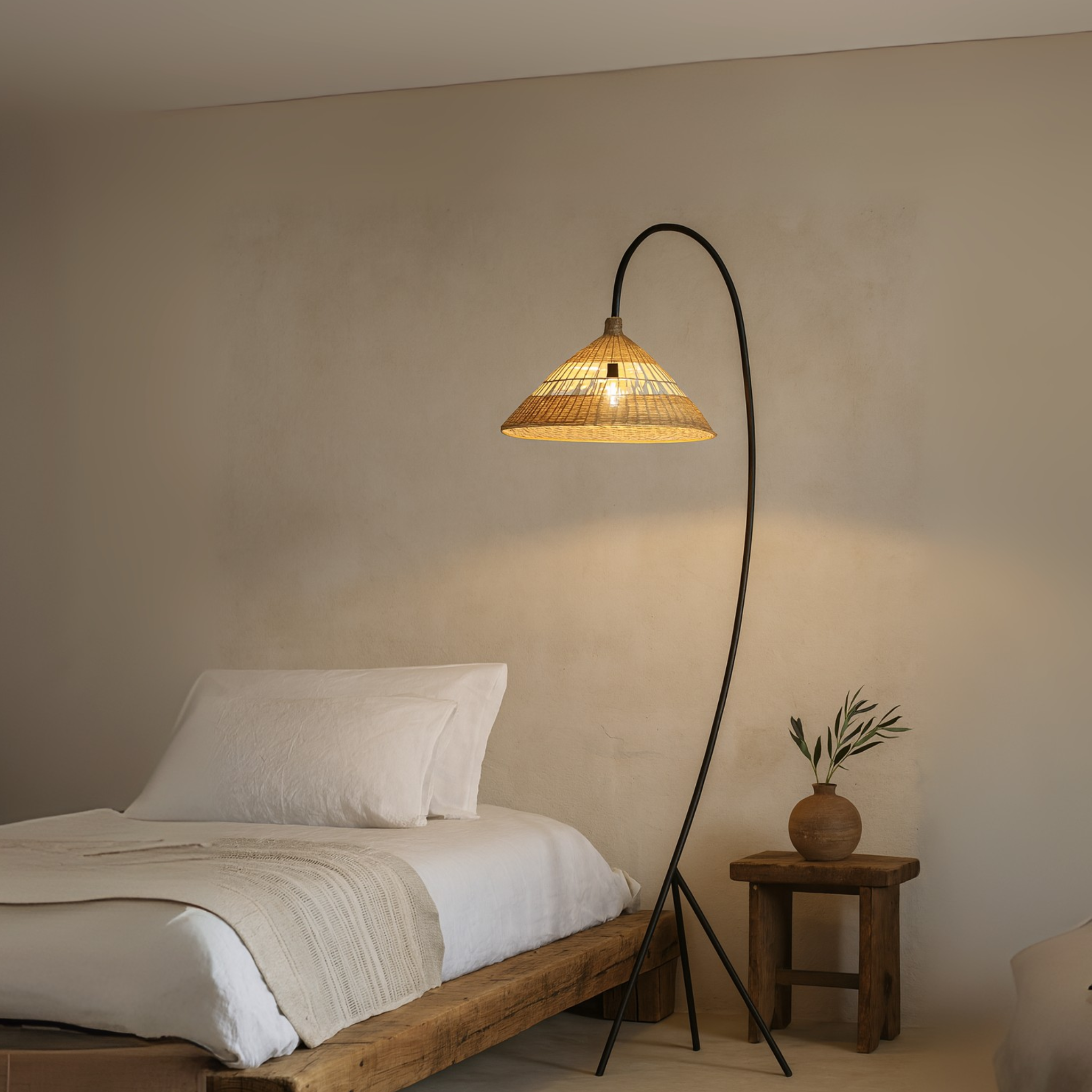 Lampadaire Arc Rotin Tunisie | Métal Noir Design | Fiolla Home