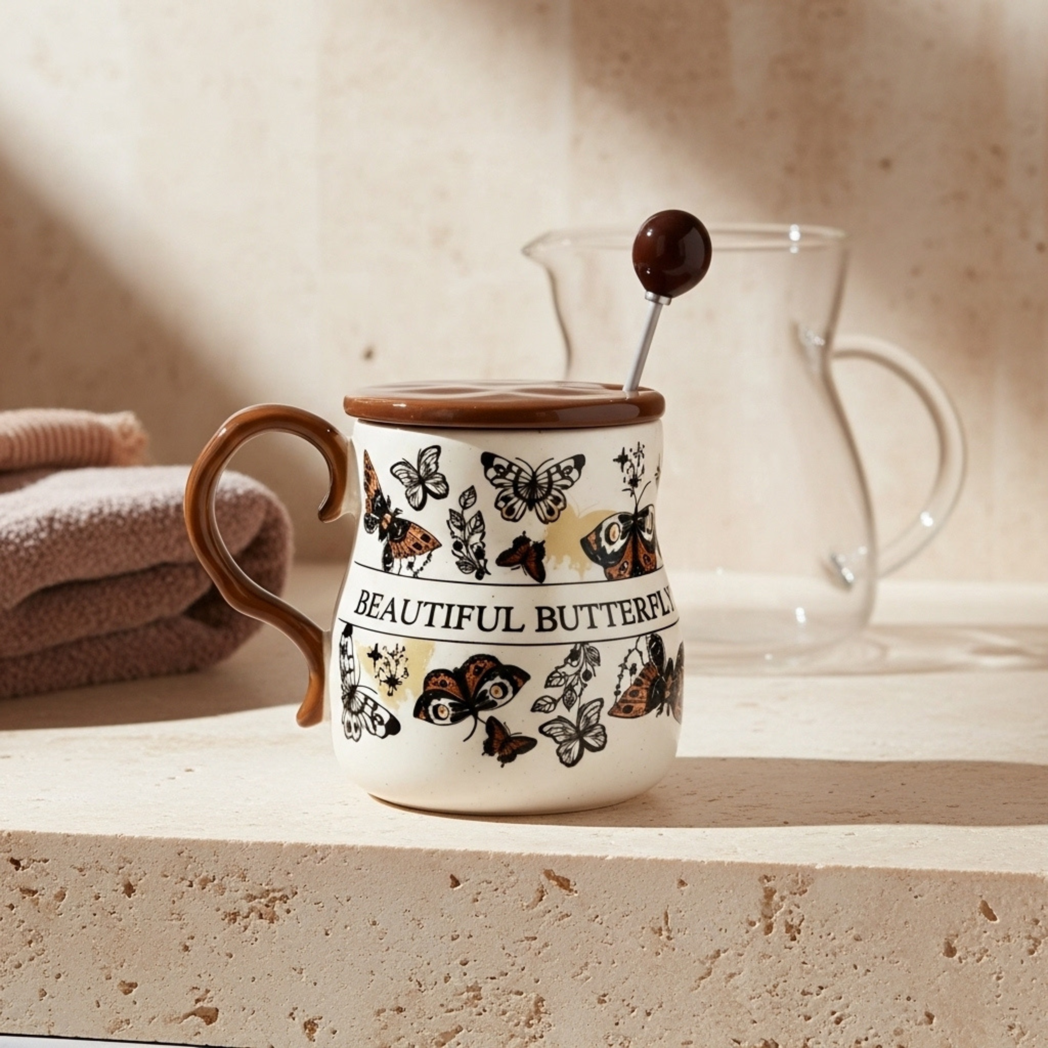 Mug Beautiful Butterfly – Céramique Mouchetée, Couvercle Caramel