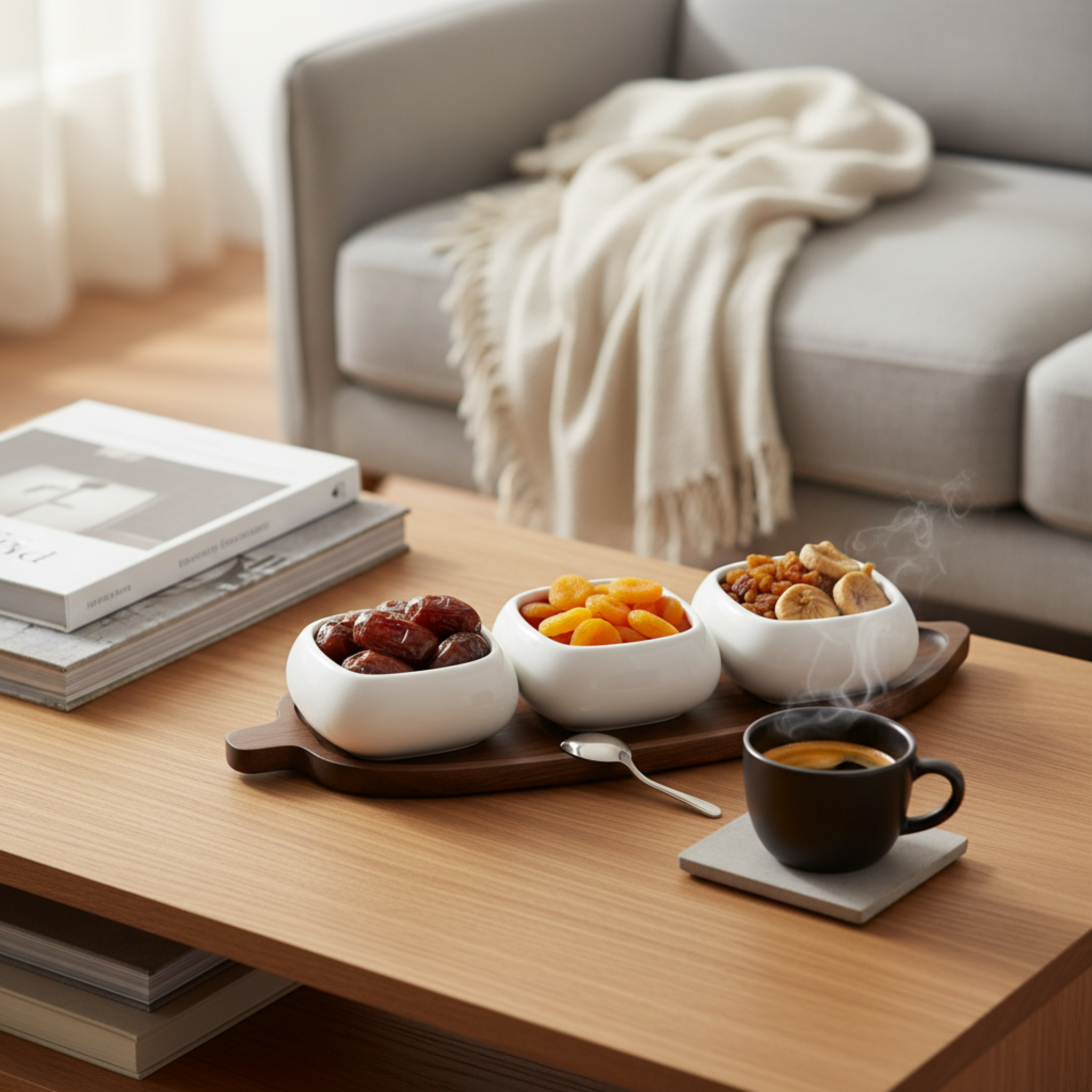 Service Apéritif Design : 3 Bols Céramique & Plateau Bois Ovale