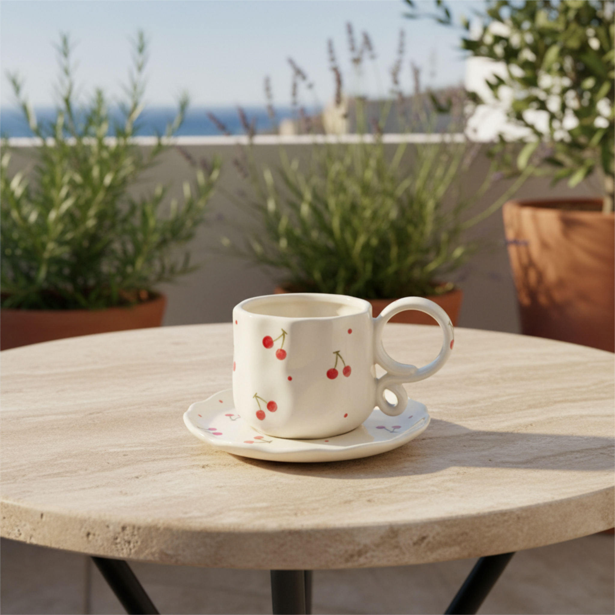 Set Tasse & Soucoupe Cerises en Céramique – Design Tendance & Artisanal