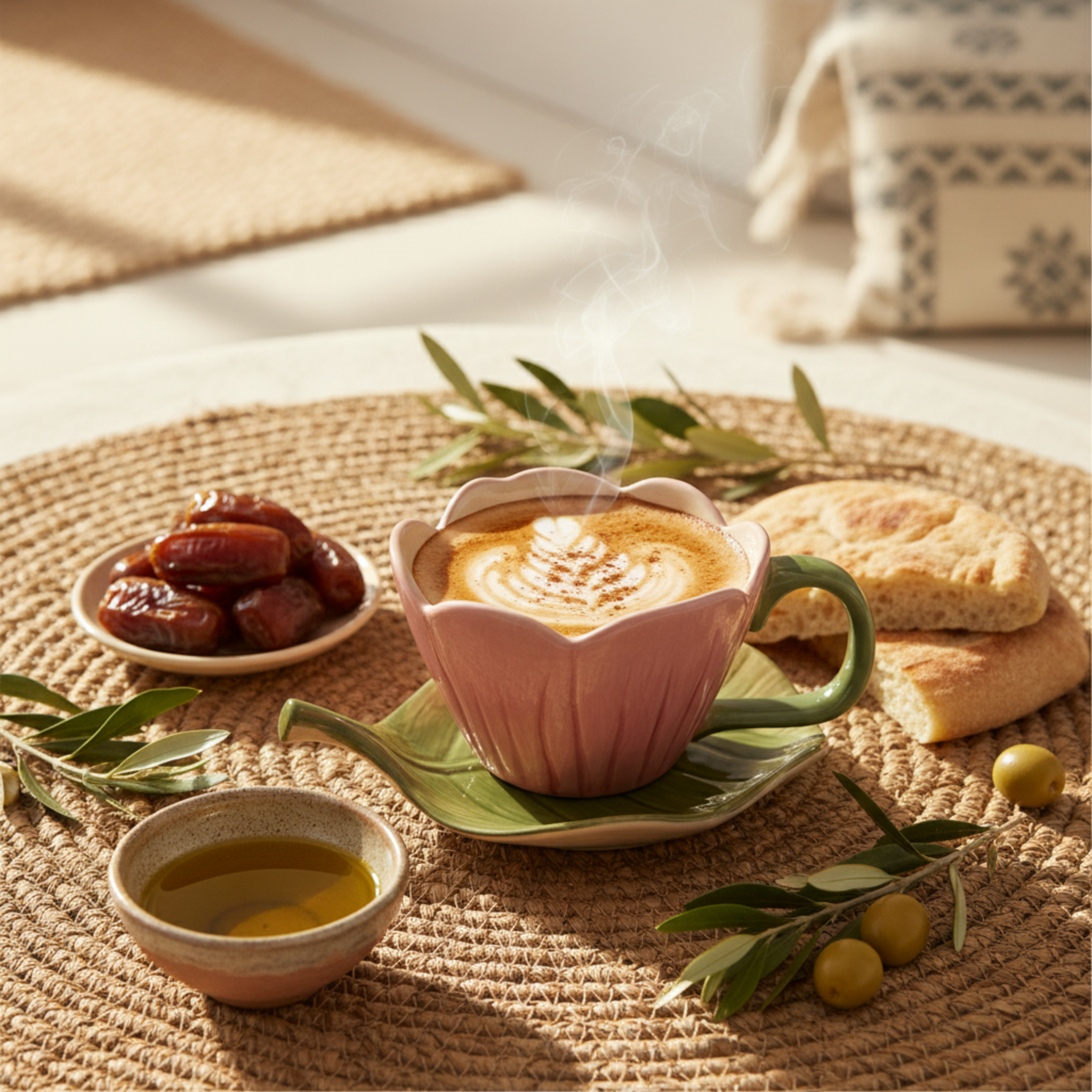 Mug Fleur Rose en Céramique avec Sous-Tasse Feuille – Style Bohème
