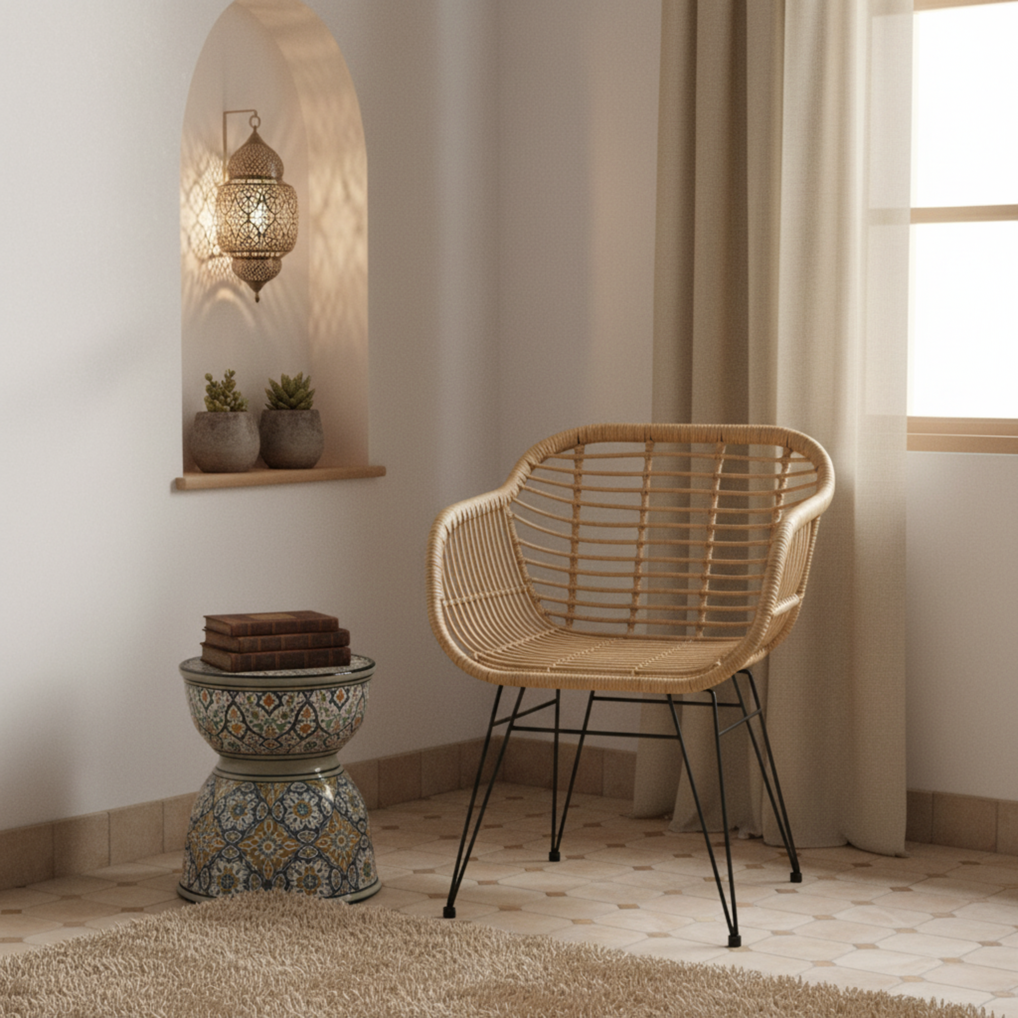 Chaise en Rotin Naturel sur Pieds Métalliques – Élégance Méditerranéenne Tunisie