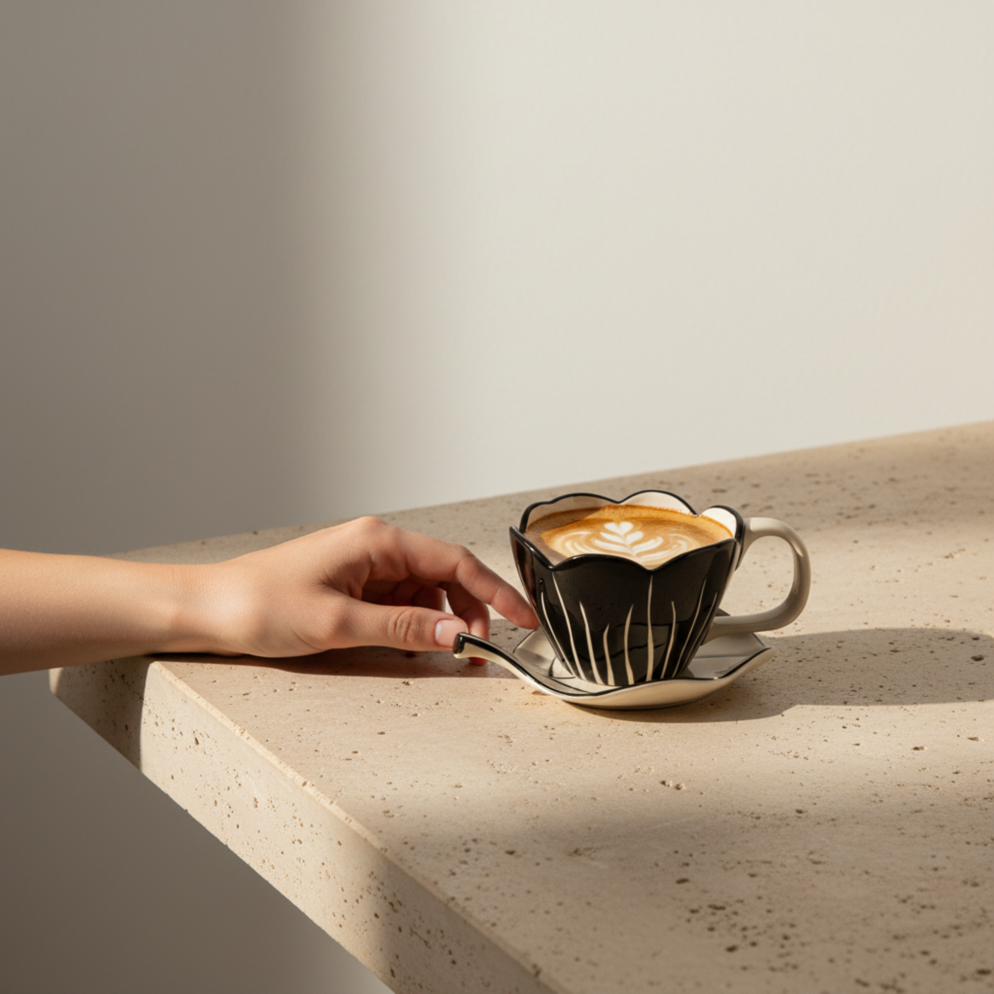 Mug Fleur Noir en Céramique avec Sous-Tasse – Élégance Premium