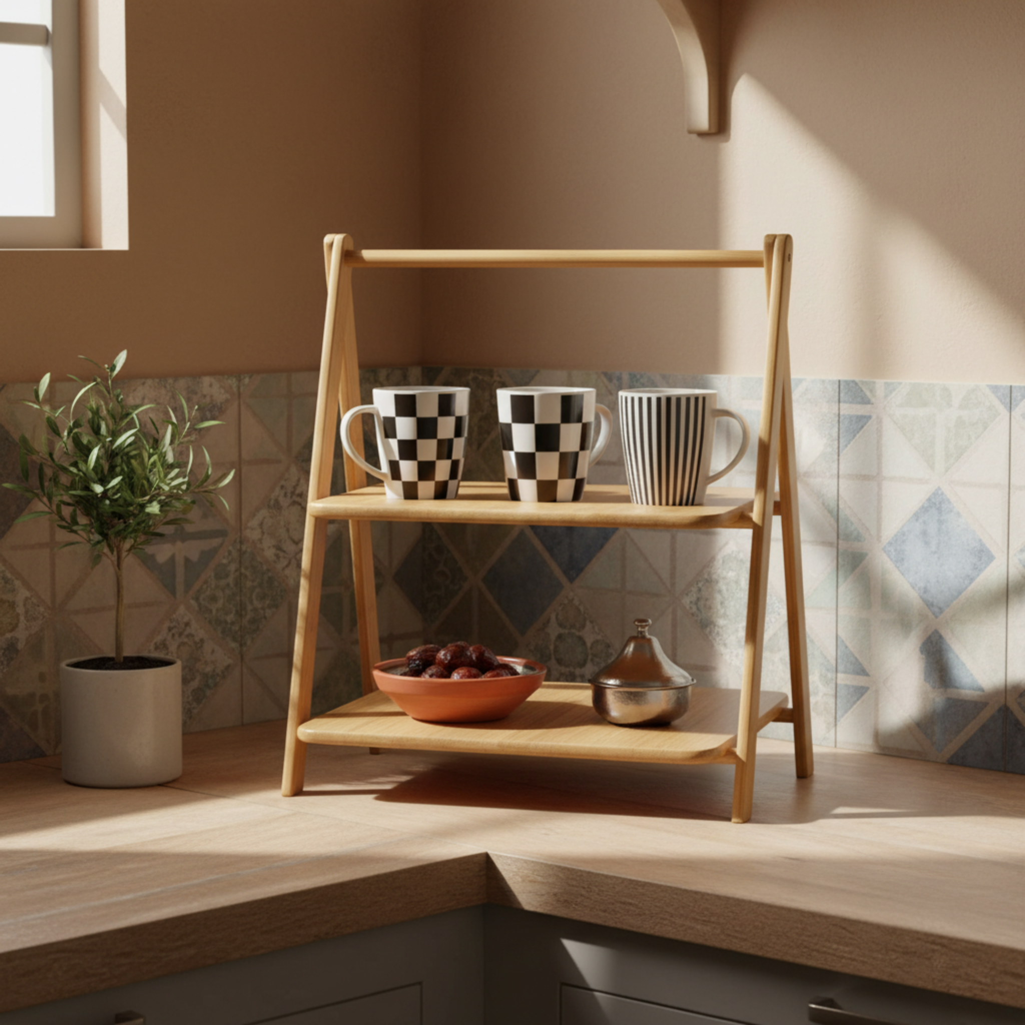 Étagère de Table en Bambou 2 Niveaux - Rangement Cuisine & Coin Café