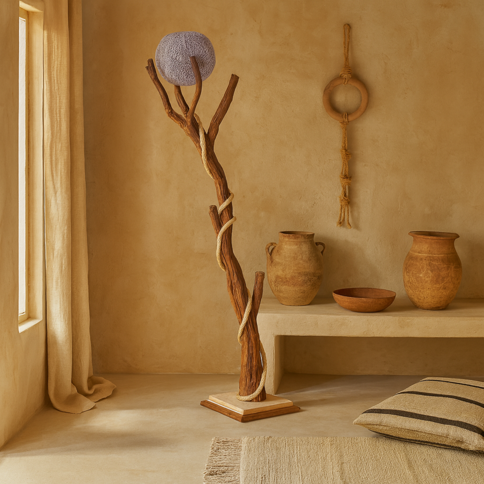 Lampadaire Artisanat Tunisien en Bois Naturel & Abat-Jour Tissé Violet