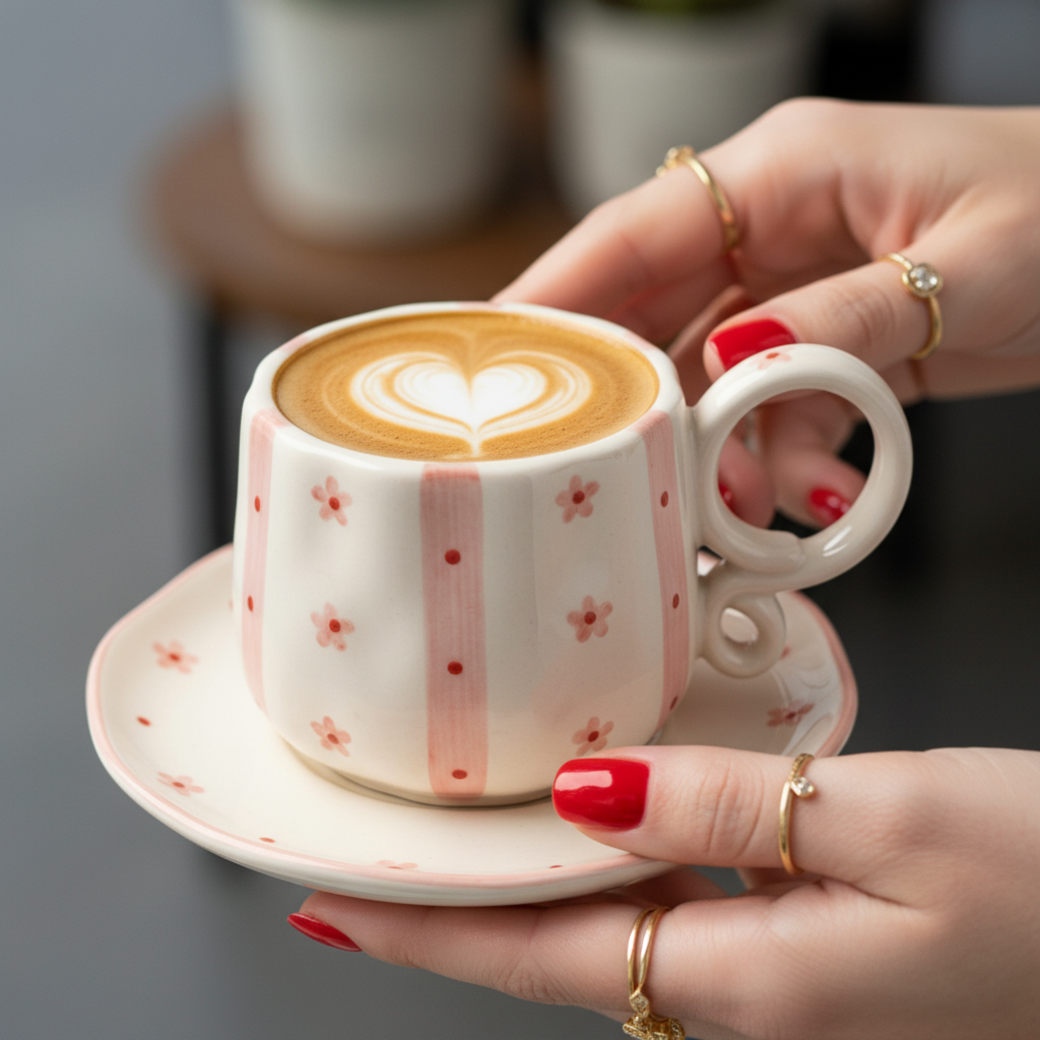 Tasse Céramique Artisanale Motif Floral Rose & Rayures avec Soucoupe