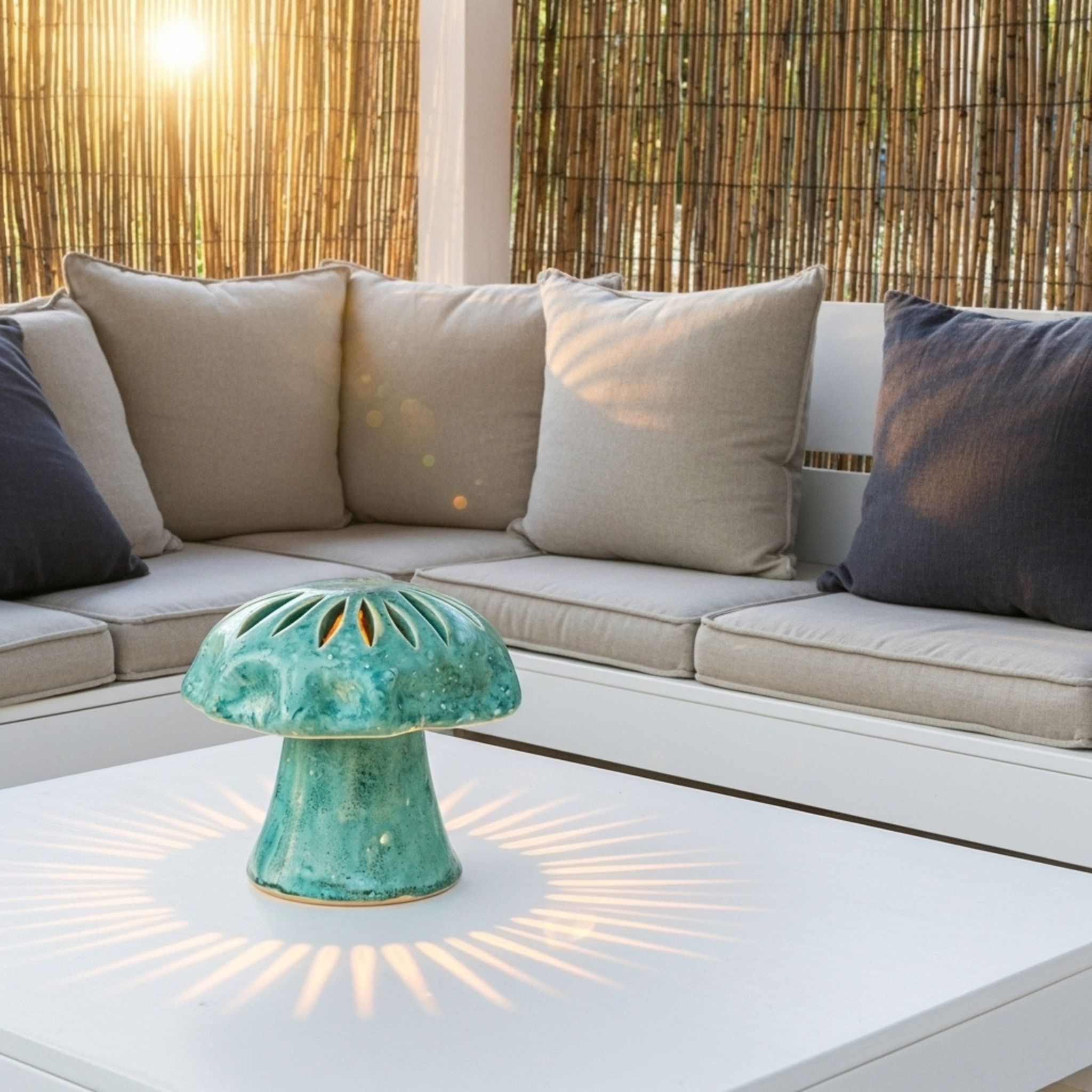 Cache-bougie Champignon en céramique turquoise – Style tunisien