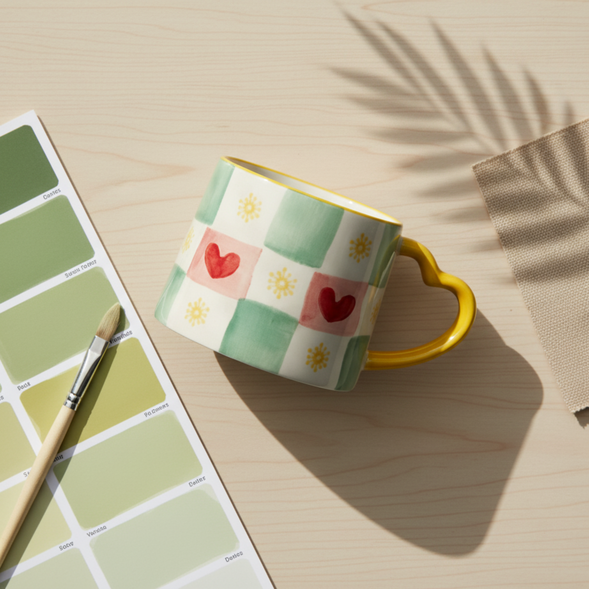 Mug Damier Vert et Cœurs | Anse Jaune en Forme de Cœur