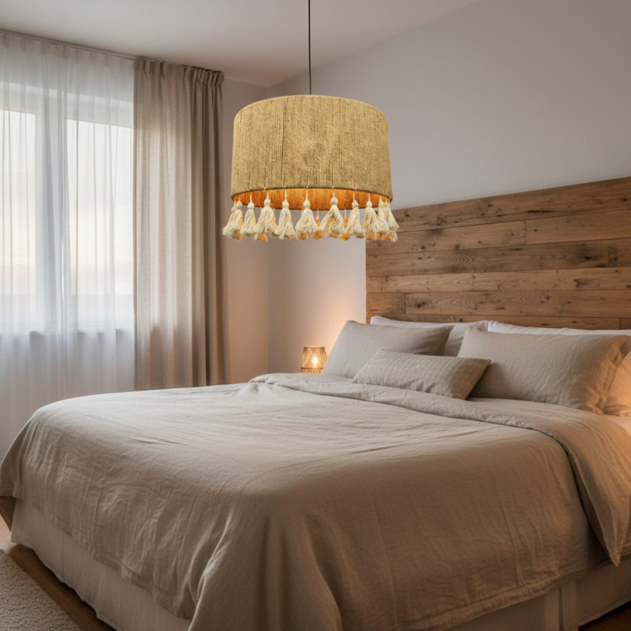 Suspension "Lella" – Lustre Tambour Large en Jute Tressé et Pompons