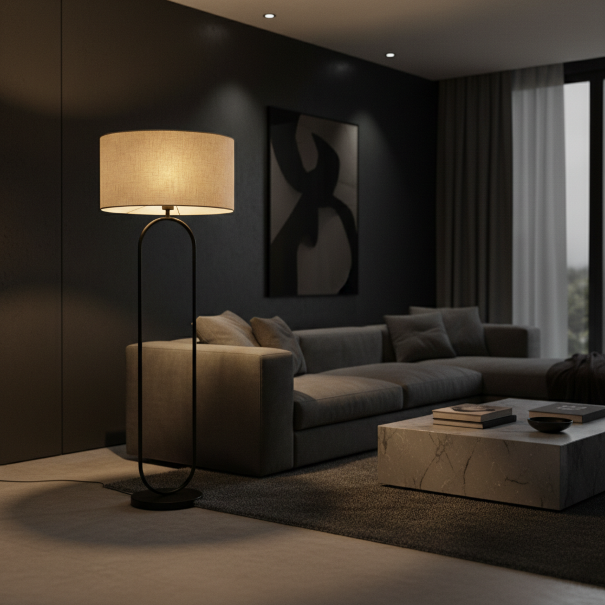 Lampadaire NATURA Métal Noir et Abat-Jour Lin Clair | Fiolla Home