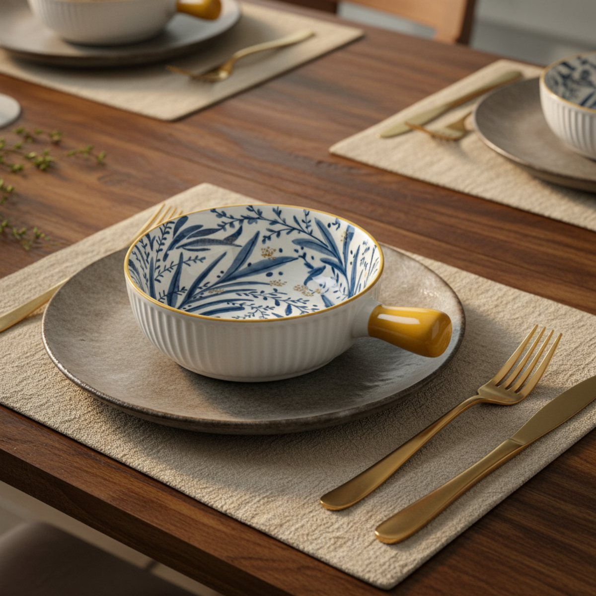 Bol Céramique avec Poignée – Design Floral Bleu & Jaune Élégant