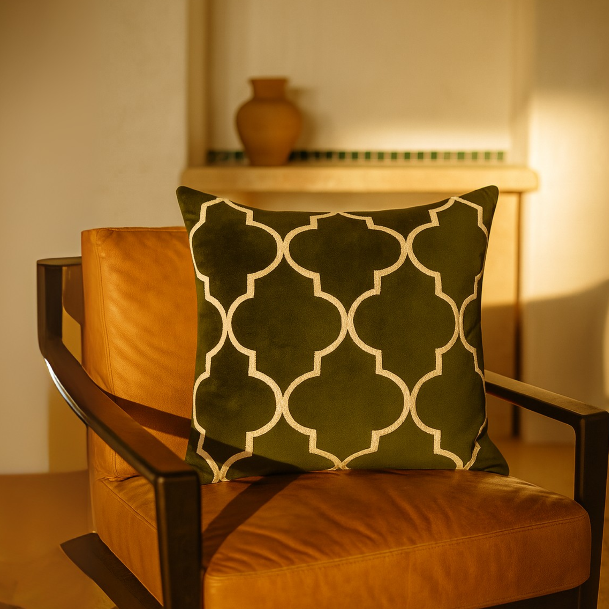 Coussin Vert Tunisie – Treillis Arabesque Zellige en Velours | Fiolla Home