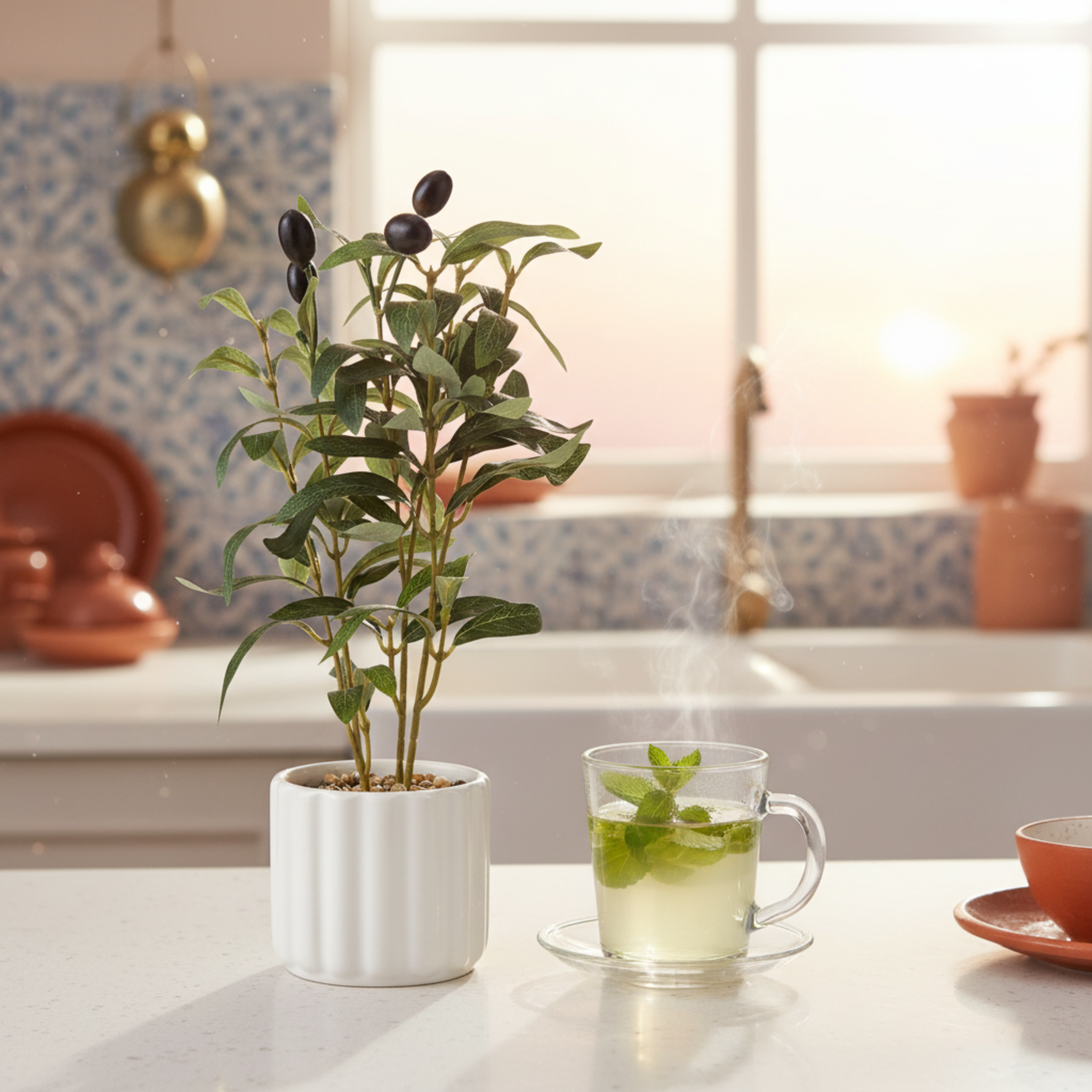 Olivier Artificiel en Pot Céramique Blanc - Déco Tunisie