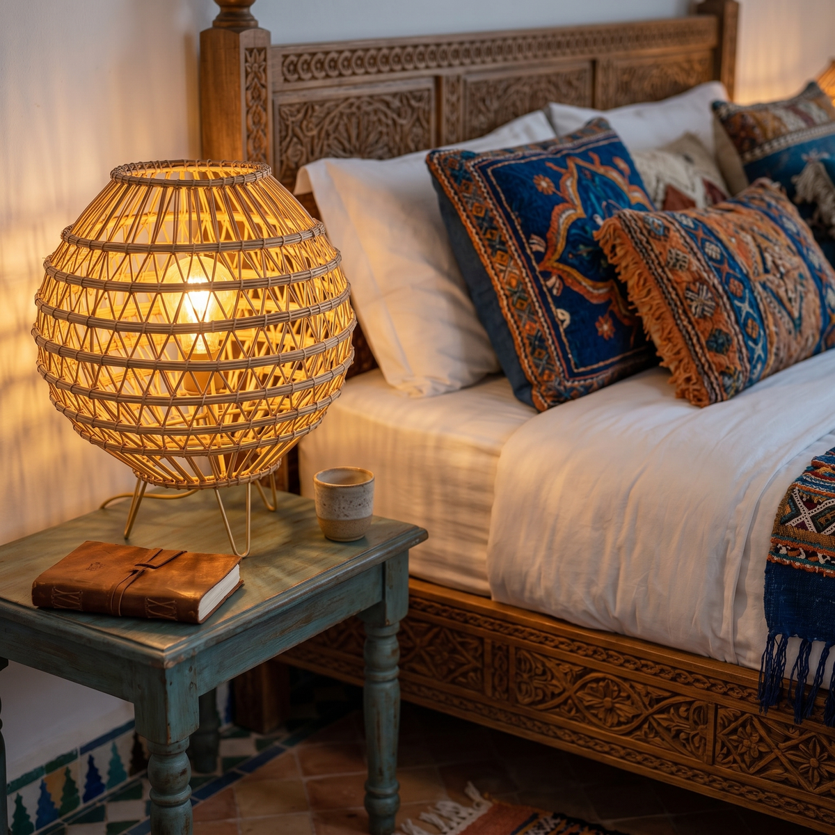 Lampe à Poser Palmier Tunisie | Boule Tressée Bohème | Fiolla Home