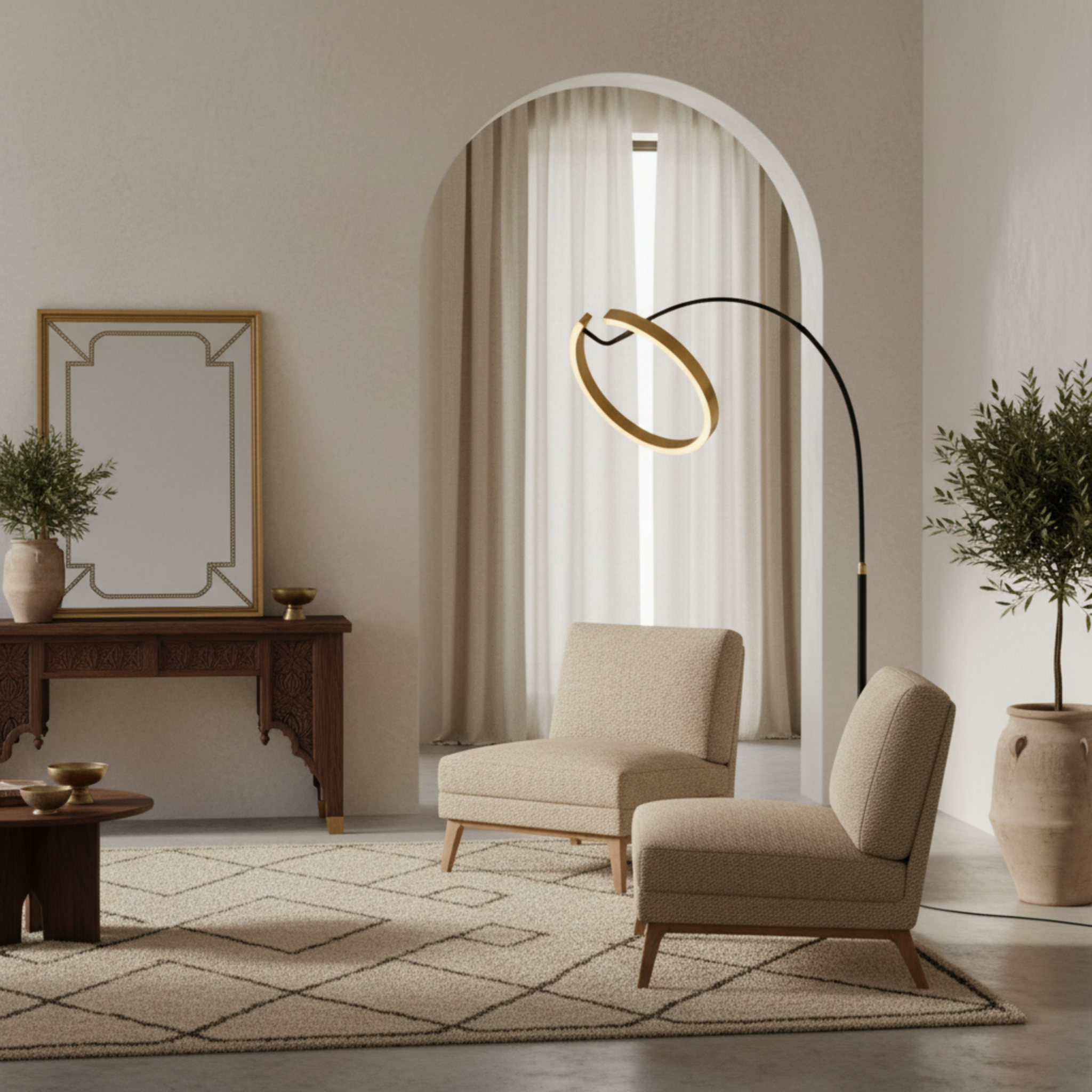 Lampadaire LED Anneau Doré Design Moderne – Éclairage Élégant