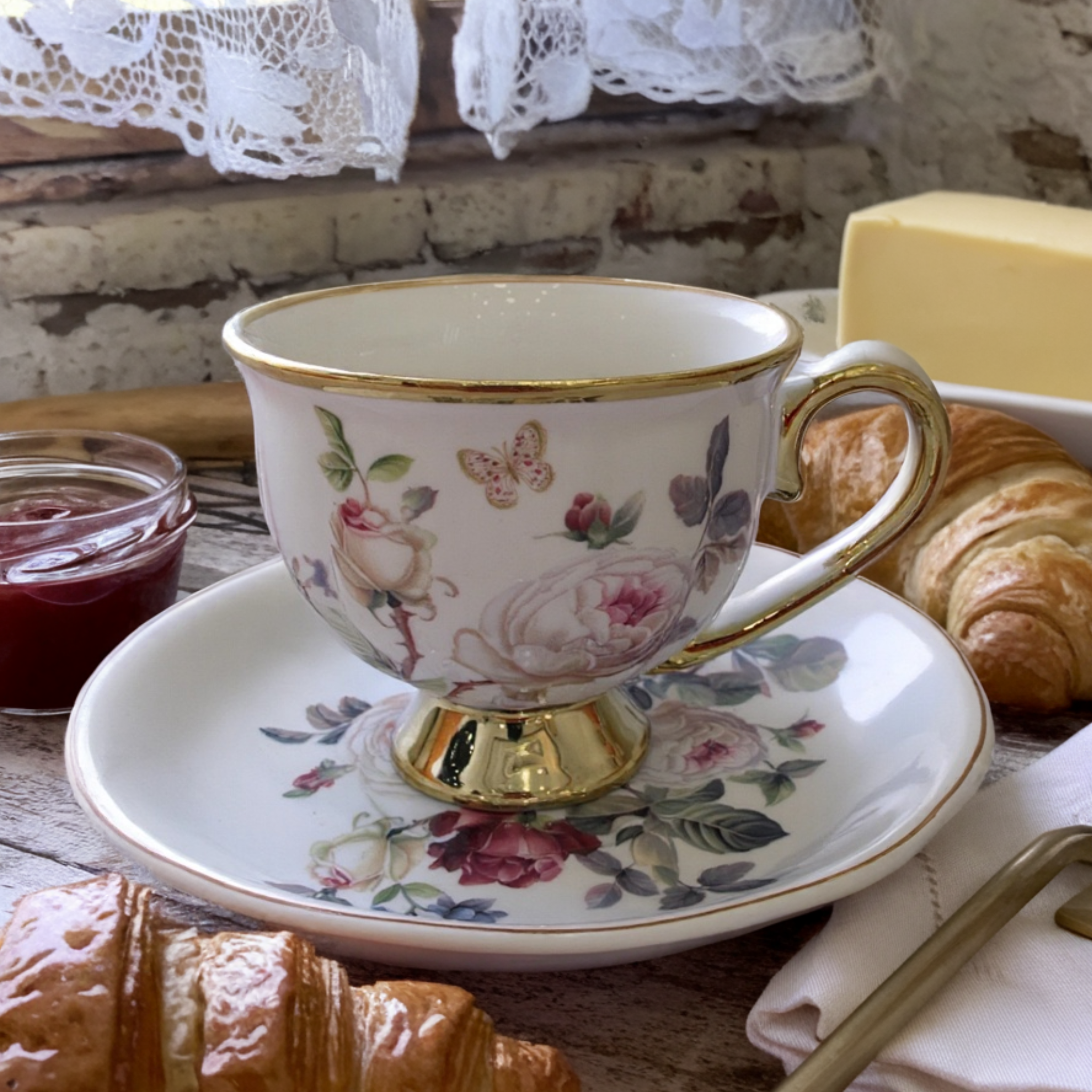 Service Café au Lait en Porcelaine Fleurie | Élégance Dorée | Fiolla Home