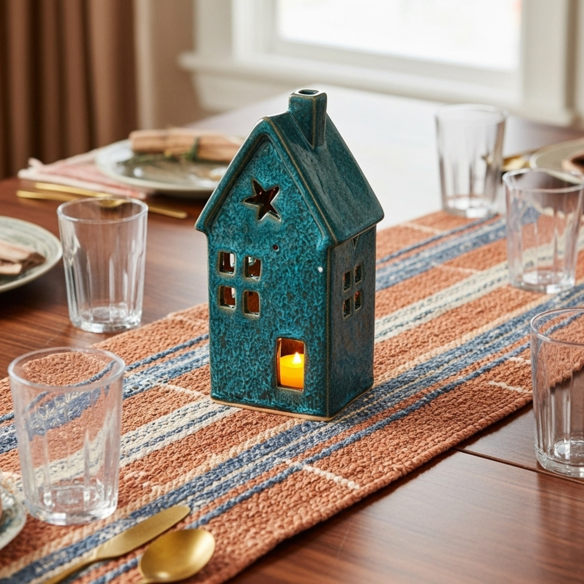 Cache-Bougie Maison en Céramique Turquoise – Fait Main en Tunisie