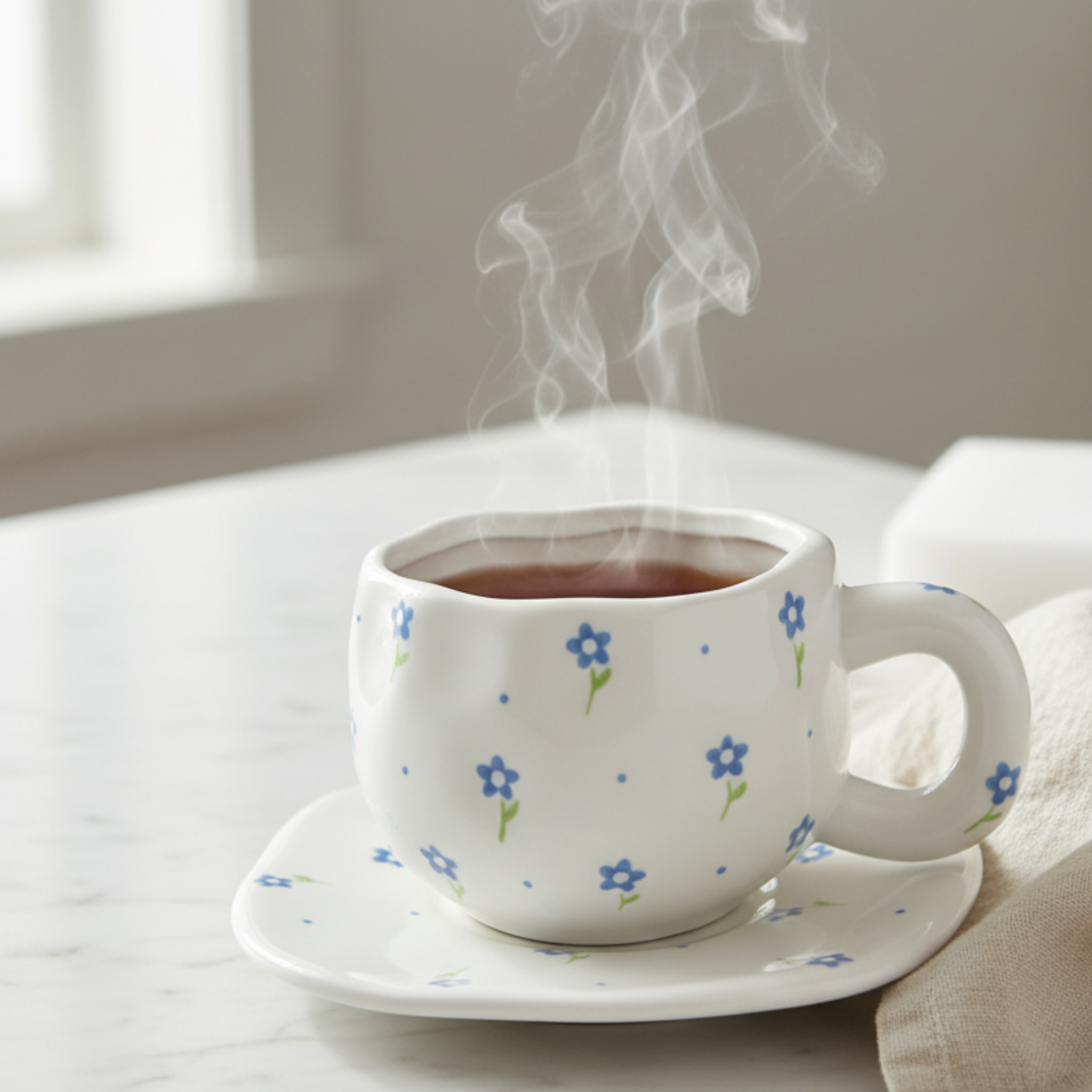 Tasse Fleurie Bleue avec Sous-Tasse | Céramique Tunisie | Fiolla Home