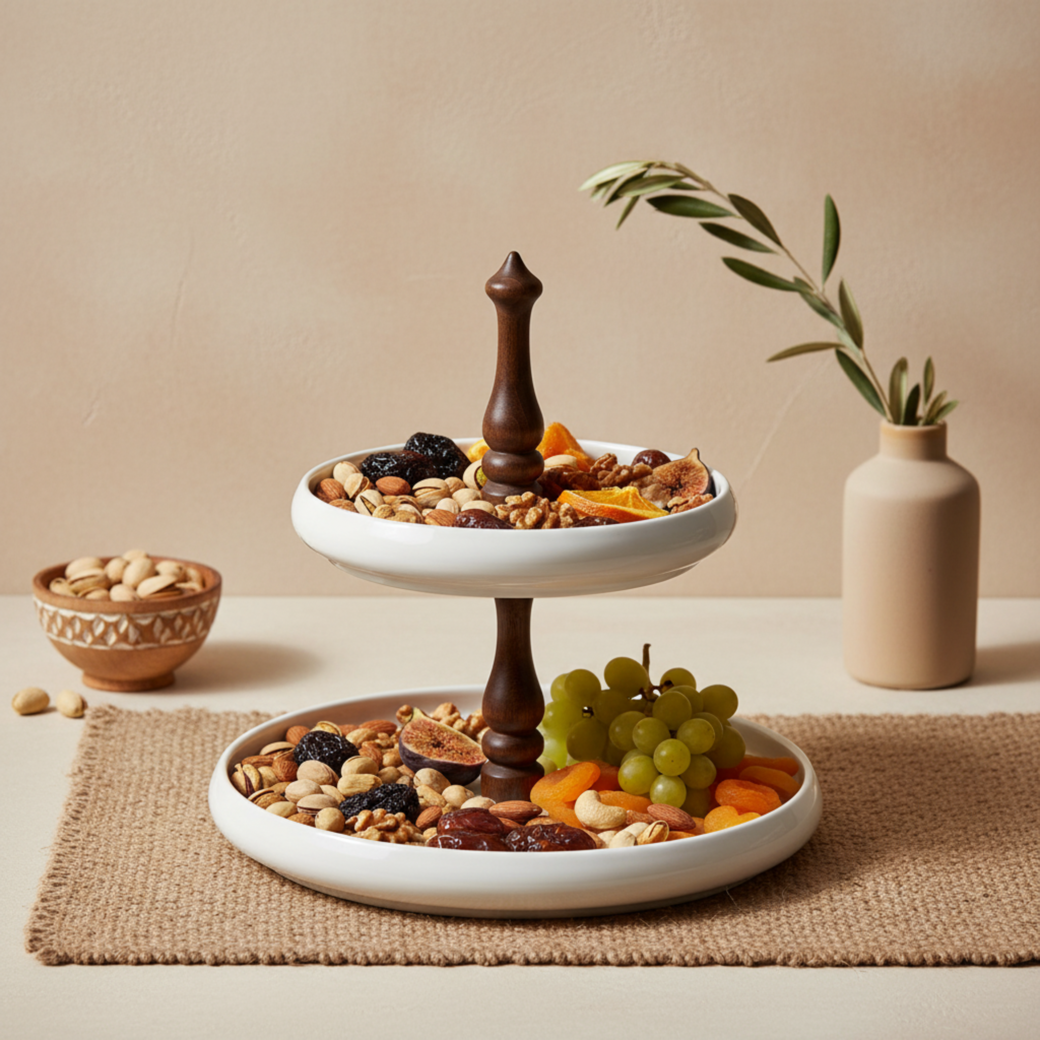 Serviteur 2 Étages Design en Céramique & Bois – Présentoir Chic