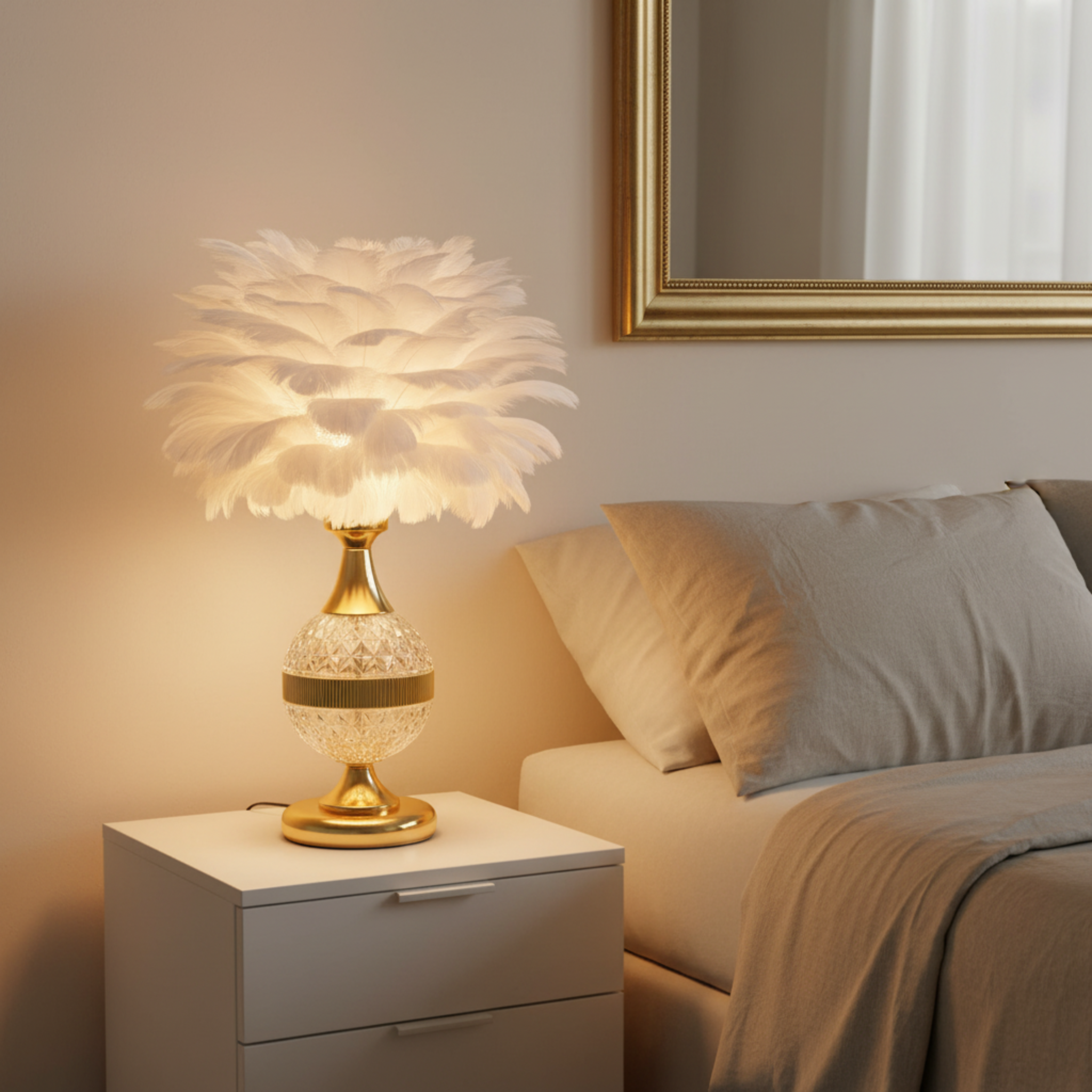Lampe de Chevet à Plumes Blanches – Veilleuse Élégante Dorée Tunisie | Fiolla Home