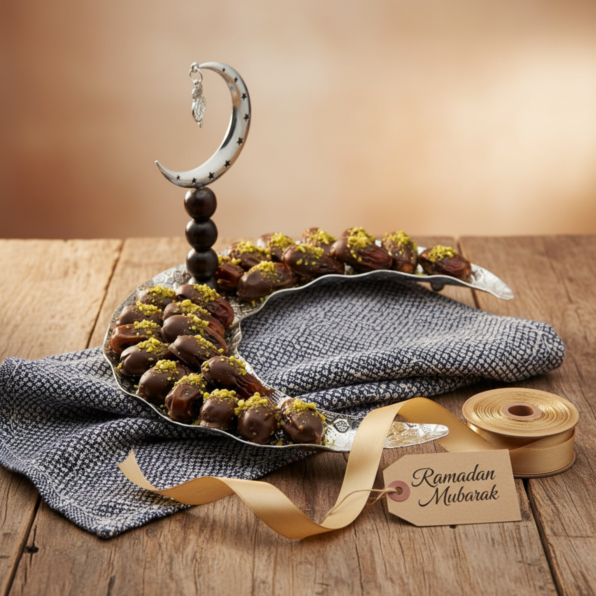 Serviteur Croissant Lune Design Perles Noires – Plateau Ramadan Chic