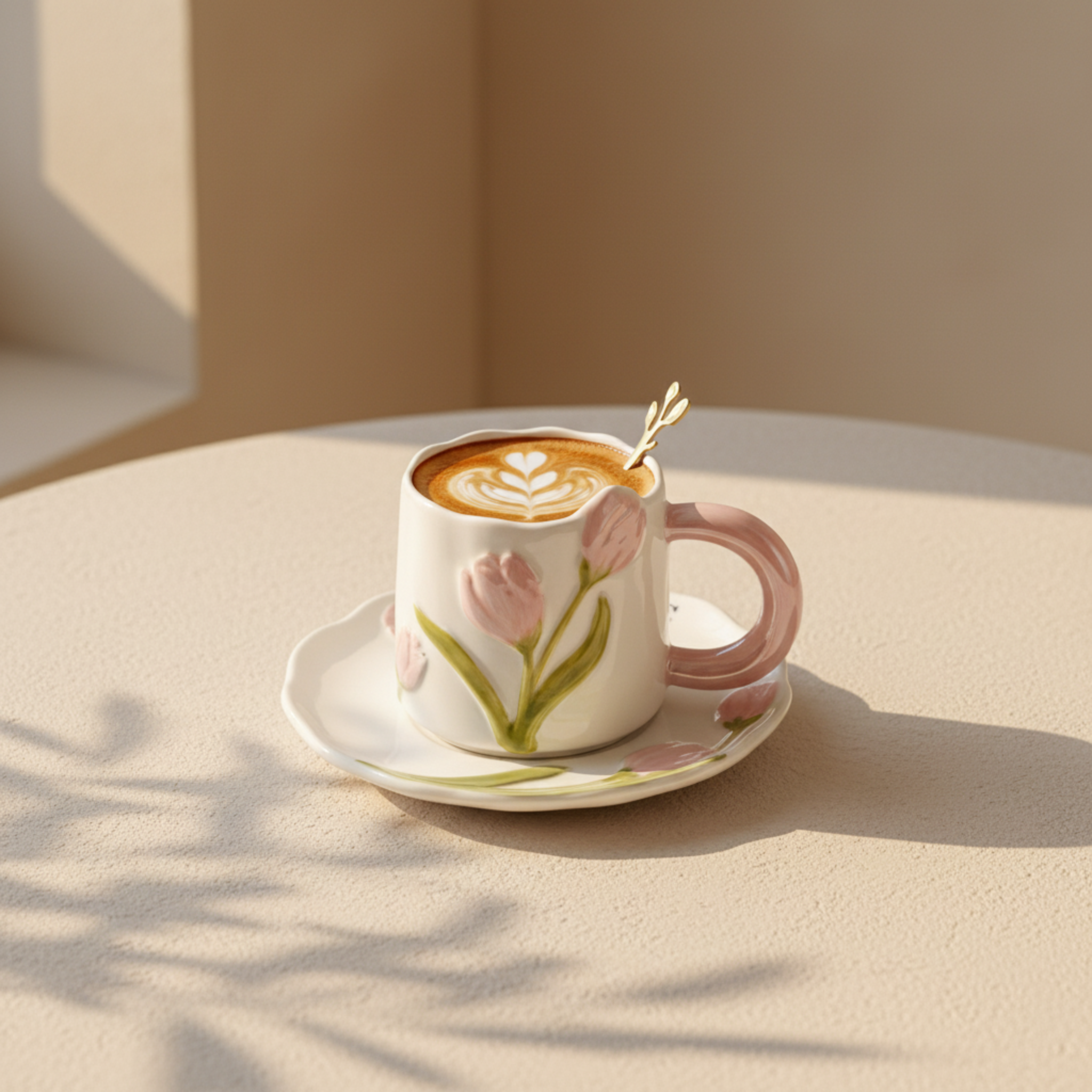 Mug Tulipe Rose en Céramique avec Sous-Tasse – Édition Élégante